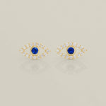 14K Solid Gold Sapphire Blue CZ Evil Eye Stud Screw-back Earrings - Anygolds 