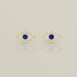 14K Solid Gold Sapphire Blue CZ Evil Eye Stud Screw-back Earrings - Anygolds 