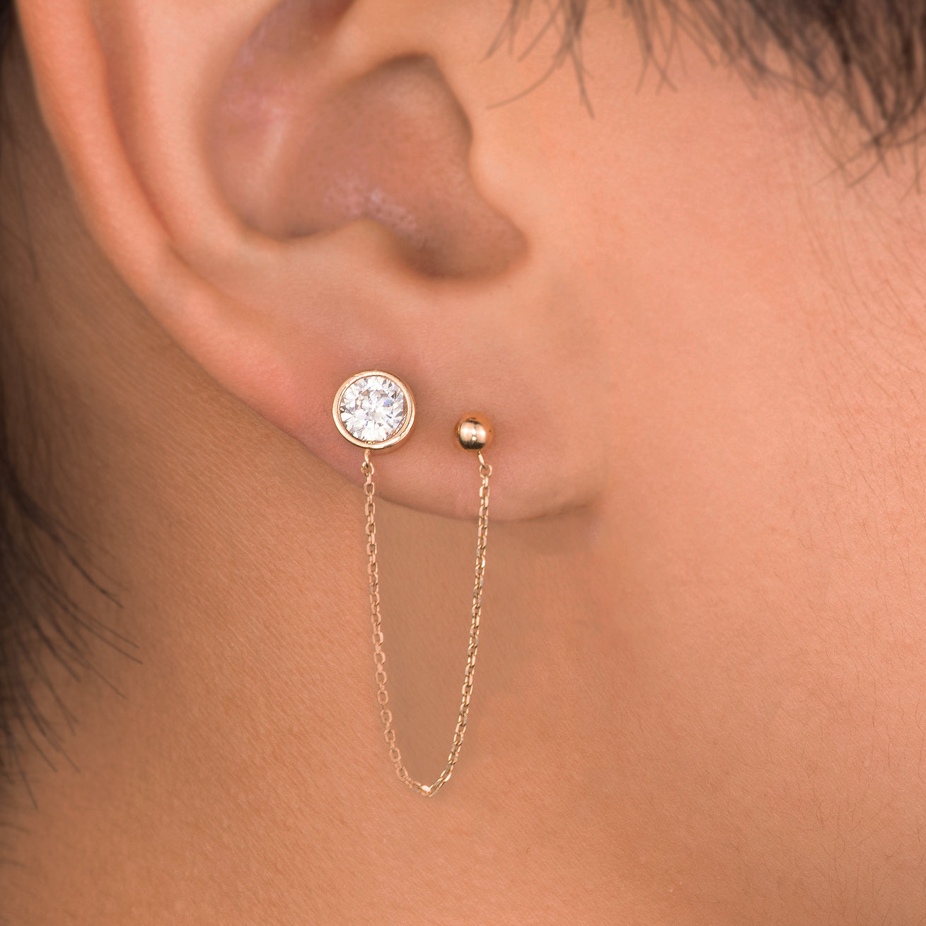 Round Stone Double Stud Chain Drop Earring - Anygolds