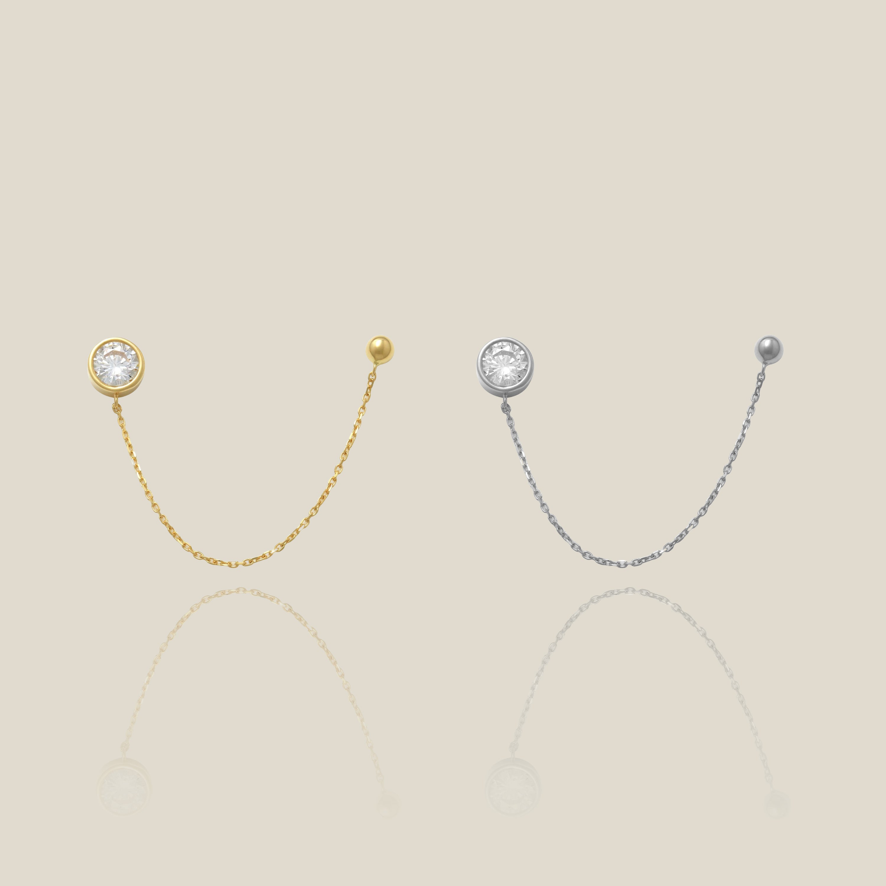 Round Stone Double Stud Chain Drop Earring - Anygolds