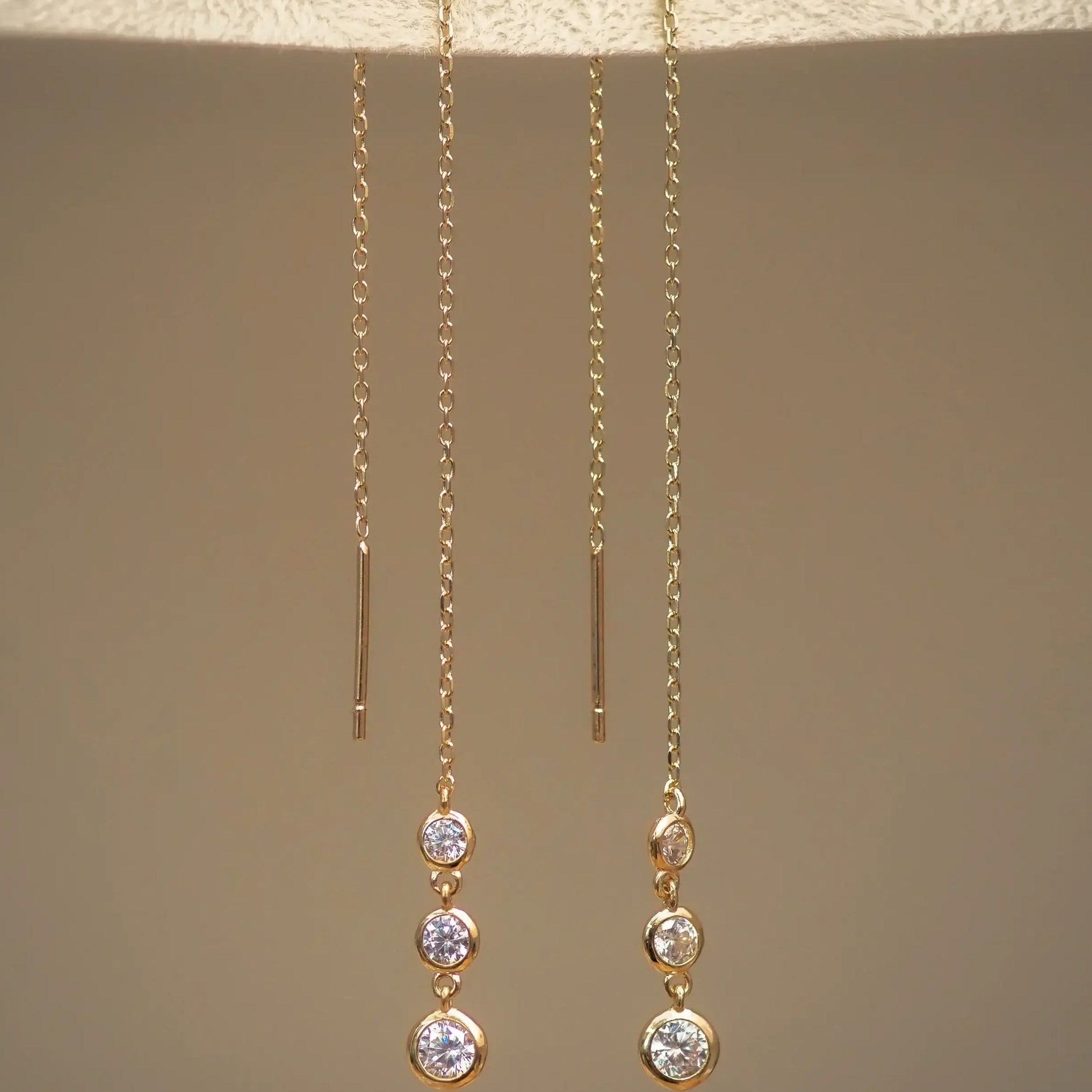 14K Solid Gold Triple Bezel Chain Threader Earrings – Anygolds