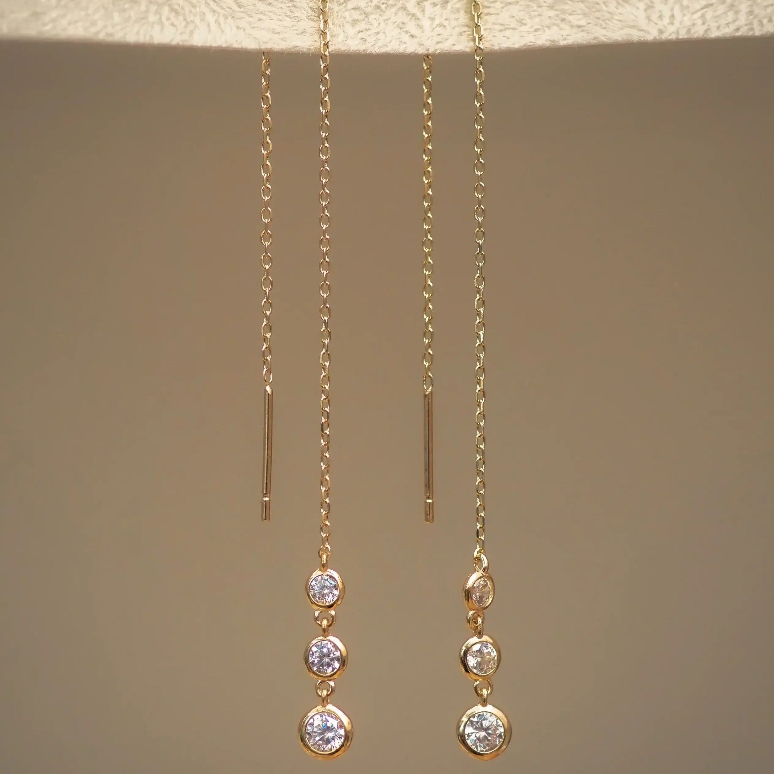 14K Solid Gold Triple Bezel Chain Threader Earrings – Anygolds