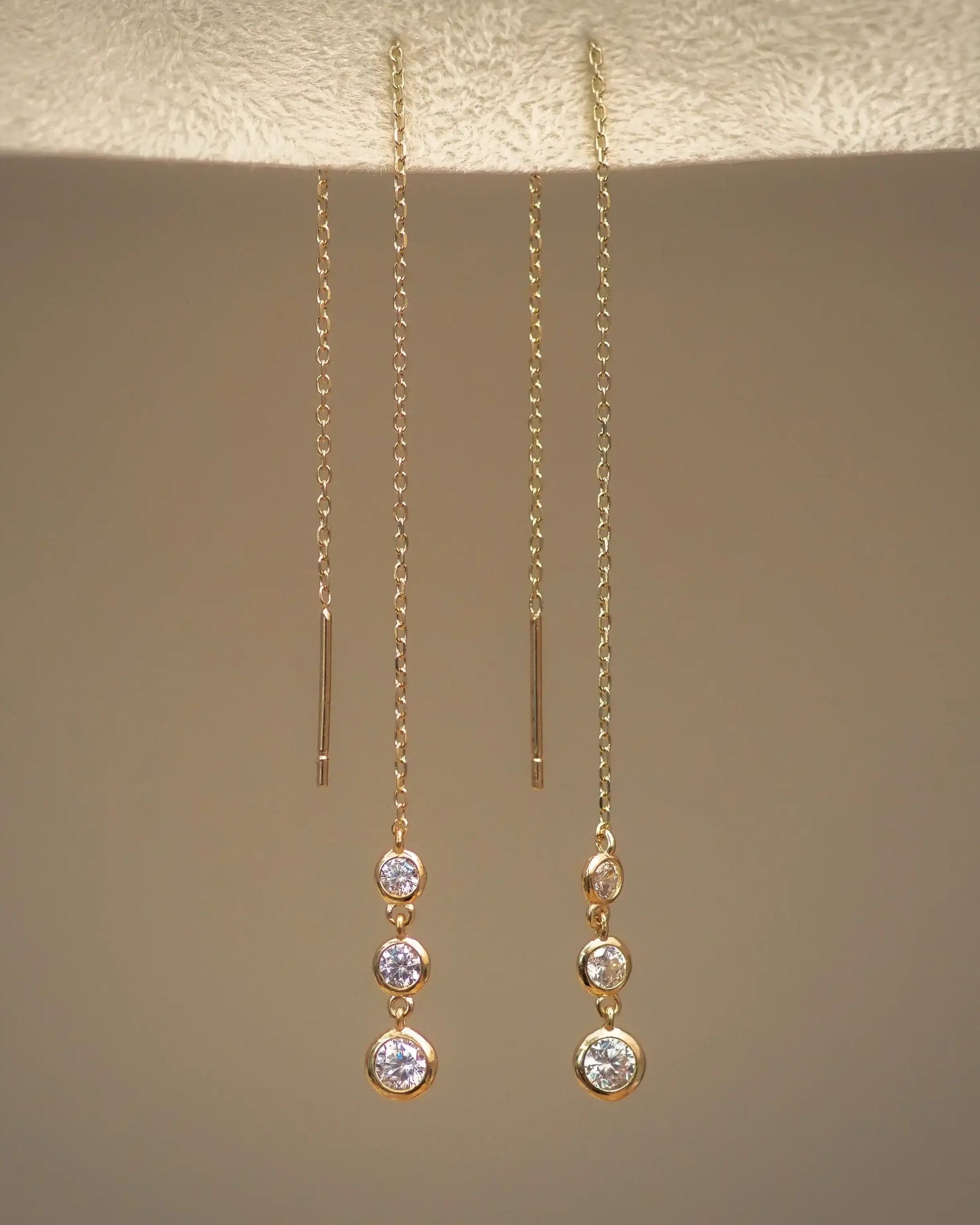 14K Solid Gold Triple Bezel Chain Threader Earrings – Anygolds