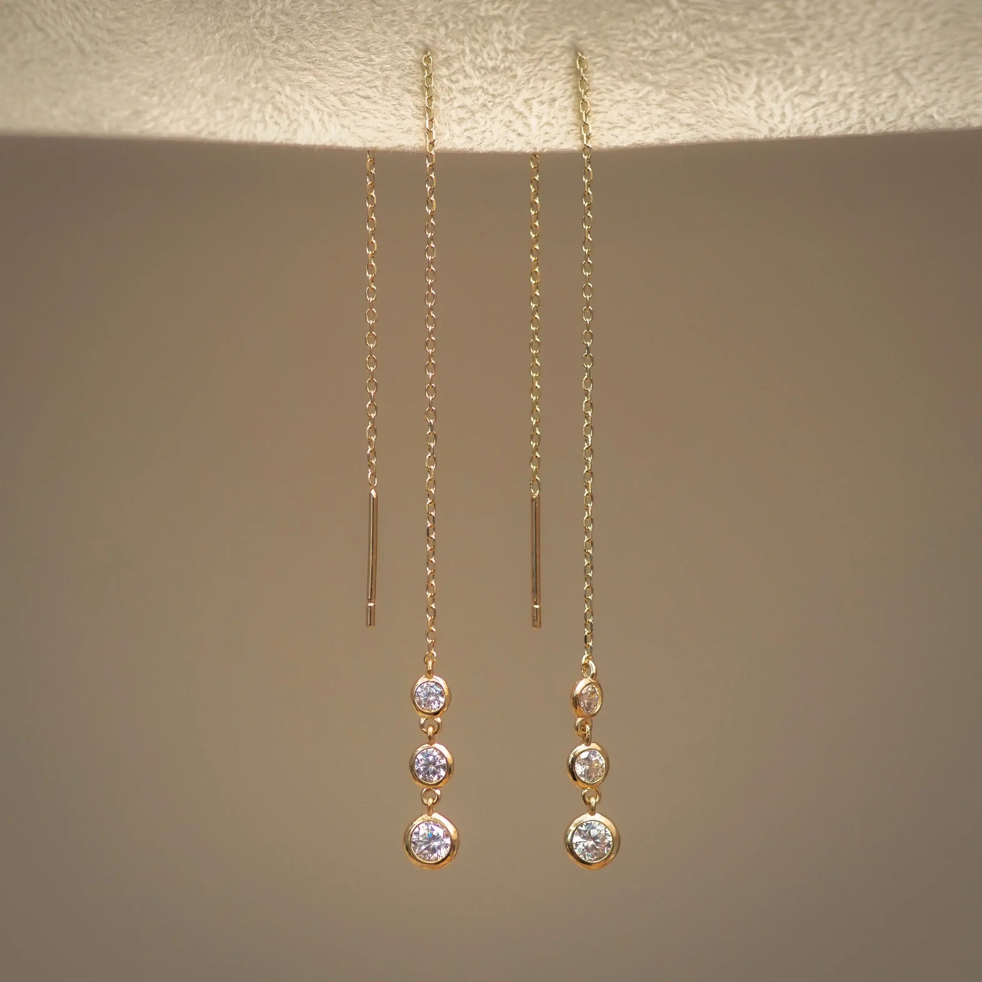 14K Solid Gold Triple Bezel Chain Threader Earrings – Anygolds