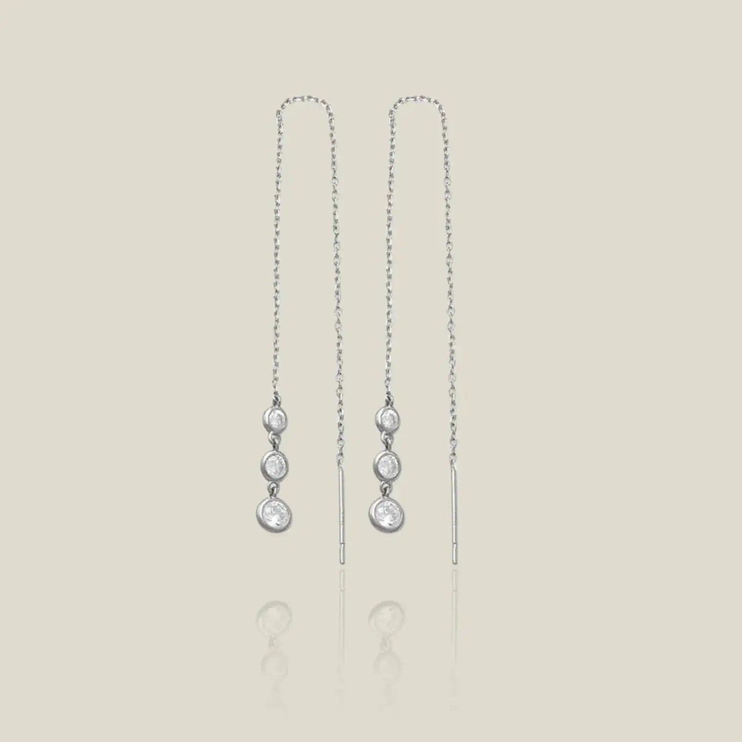 14K Solid Gold Triple Bezel Chain Threader Earrings – Anygolds