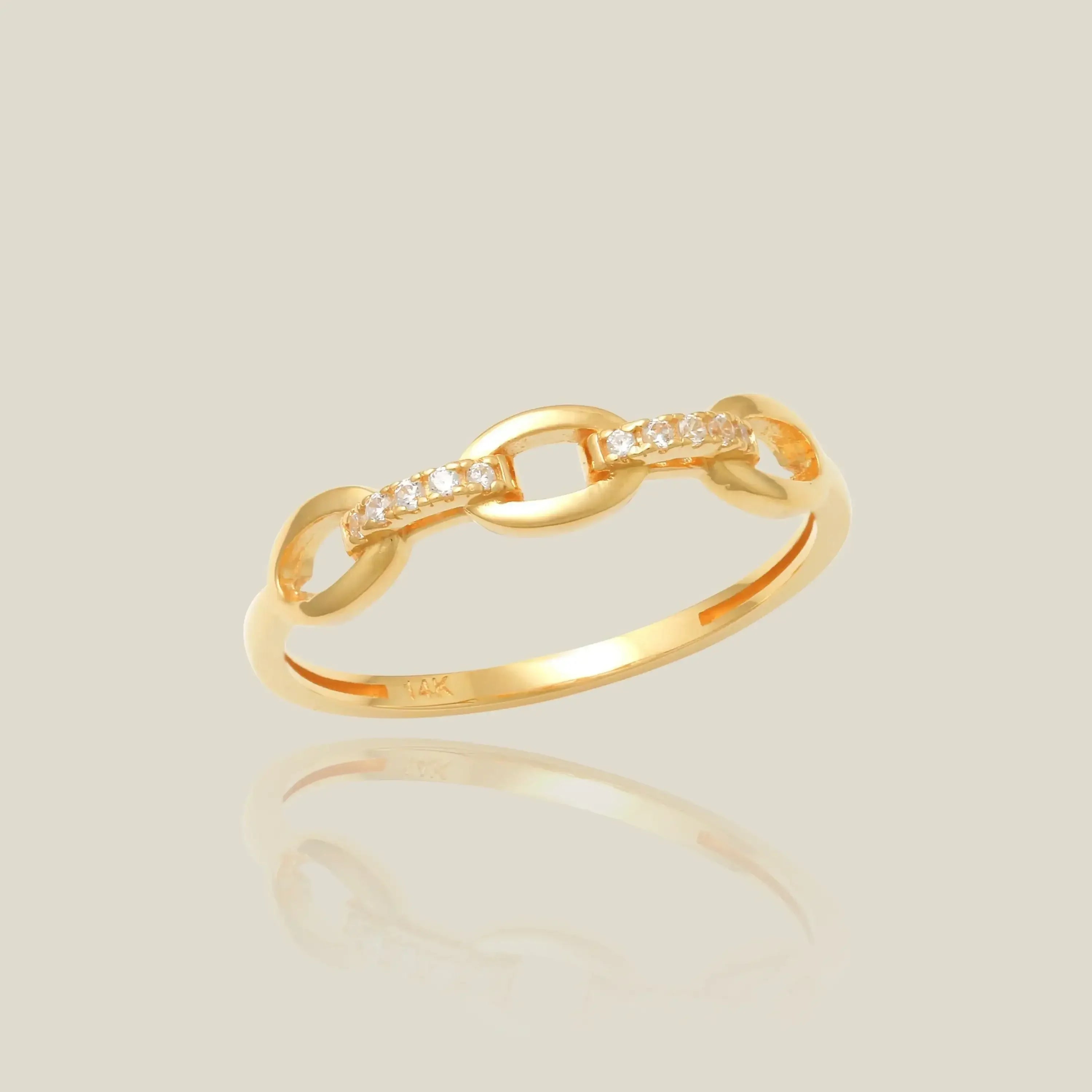 Golden Rings With Chain 14K Solid Gold Diamond Chain Link Ring - Anygolds