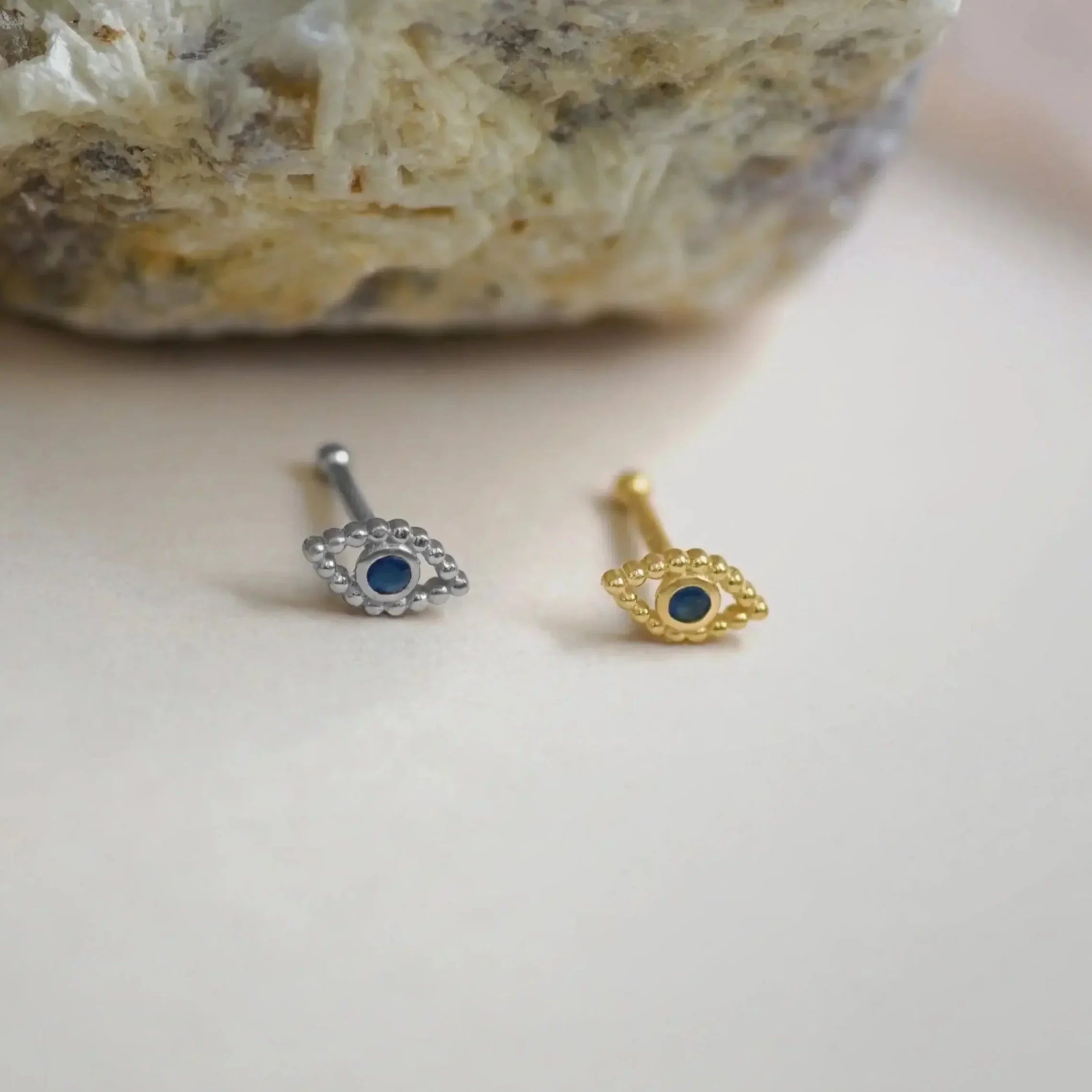 14K Solid Gold Sapphire Evil Eye Nose Bone Stud – Anygolds