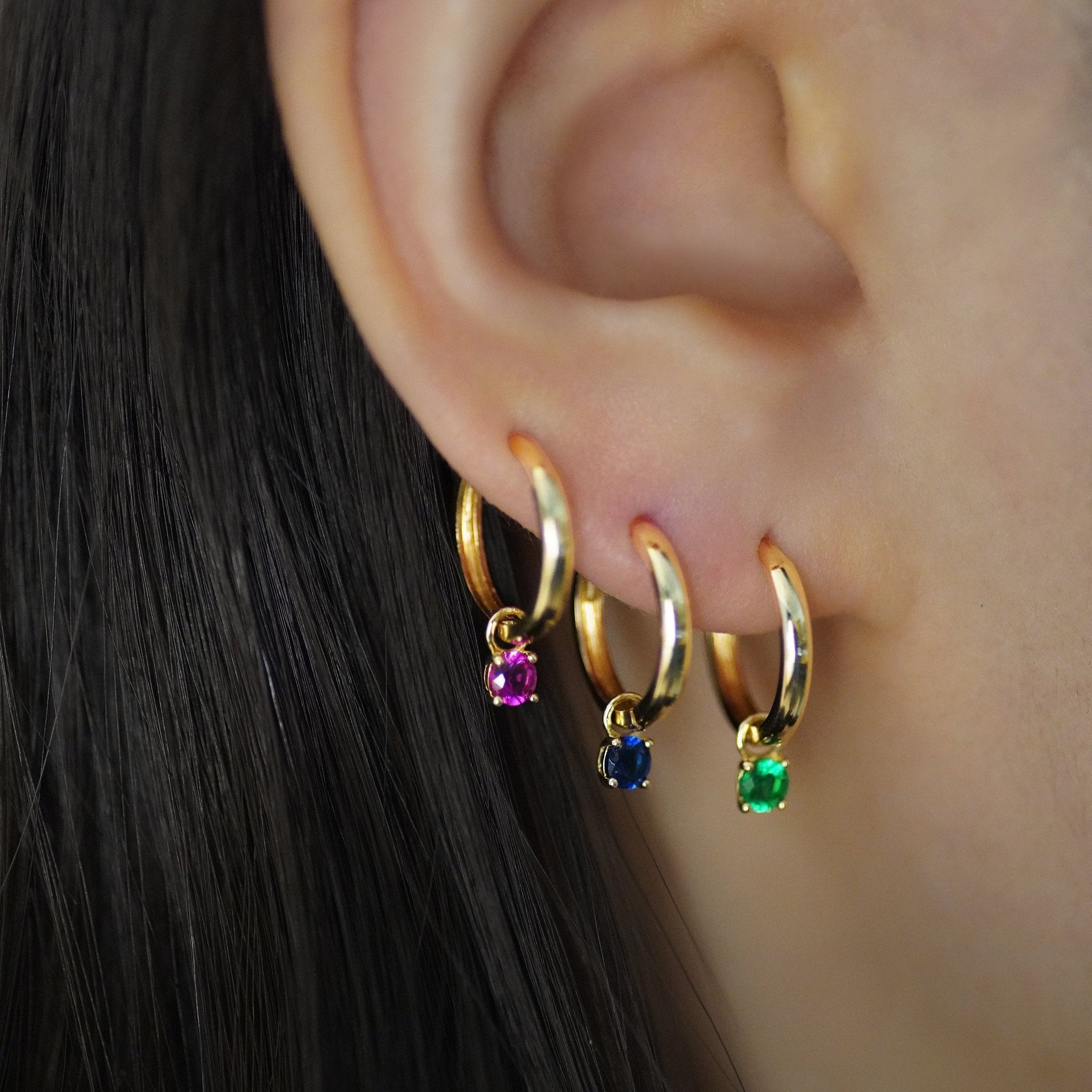 Color Stone Huggie Hoop Drop Earrings - Anygolds