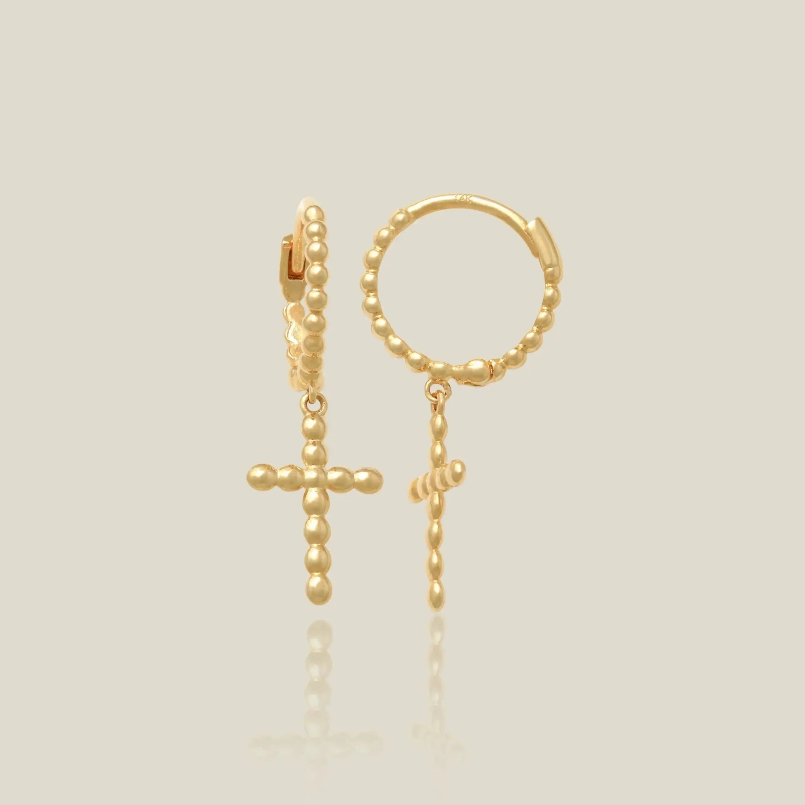 14K Solid Gold Beaded Cross Drop Huggie Earrings – Anygolds