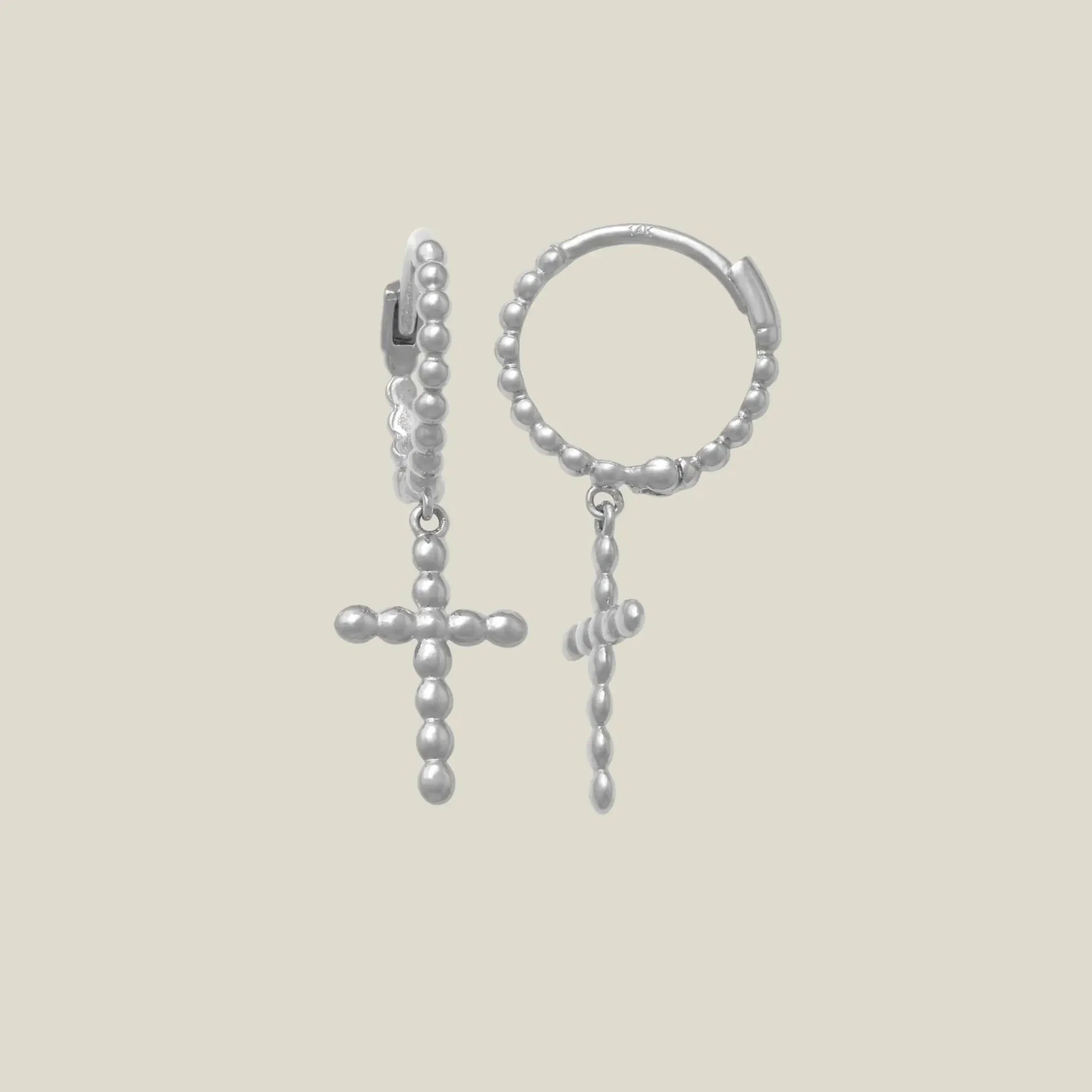 14K Solid Gold Beaded Cross Drop Huggie Earrings – Anygolds