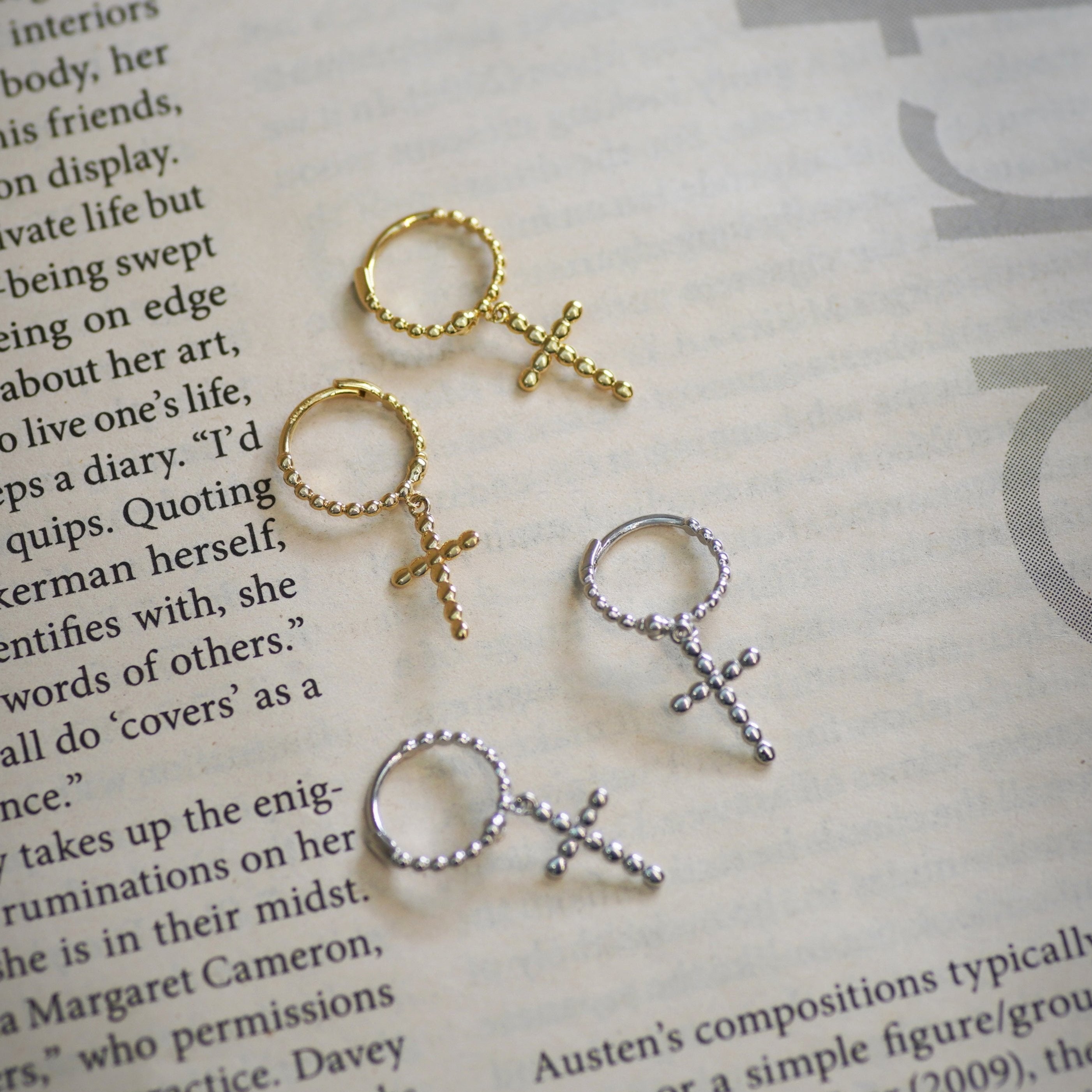 Beaded Cross Drop Huggie Earrings - Anygolds