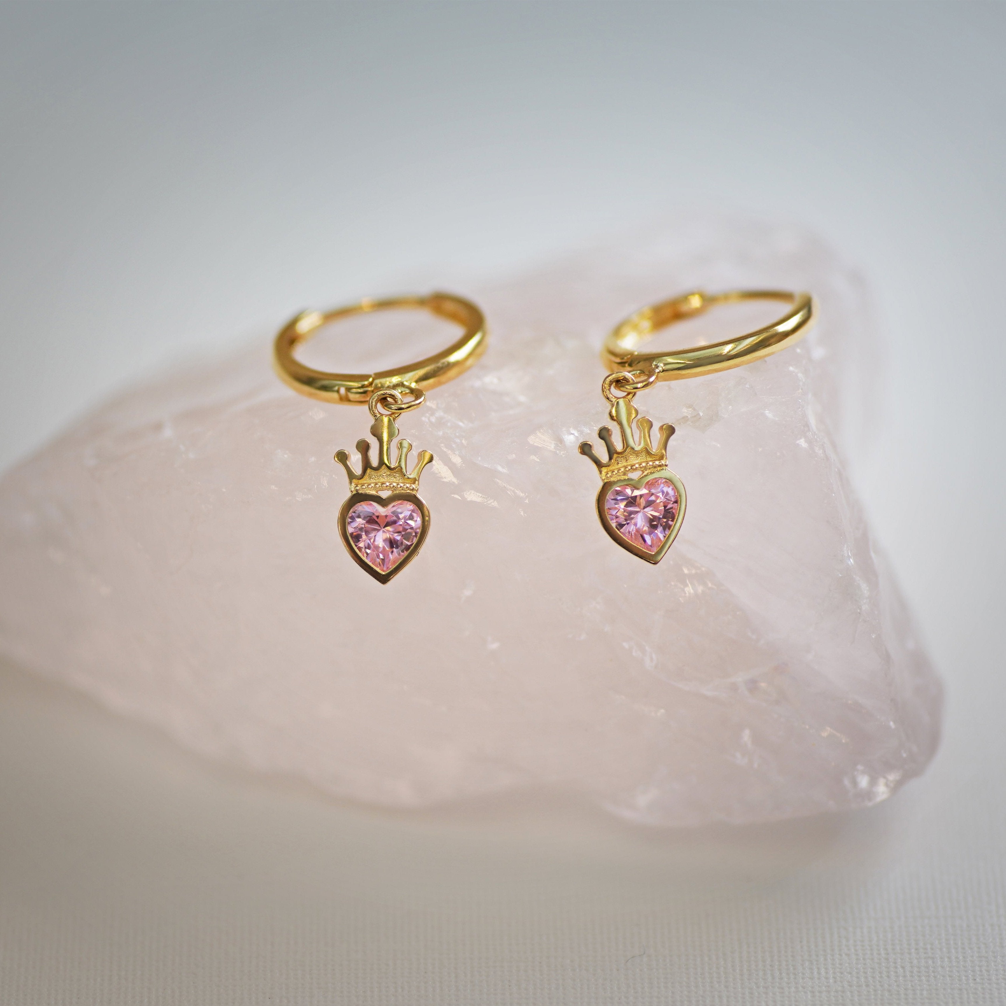 Heart Crown Drop Huggie Earrings - Anygolds