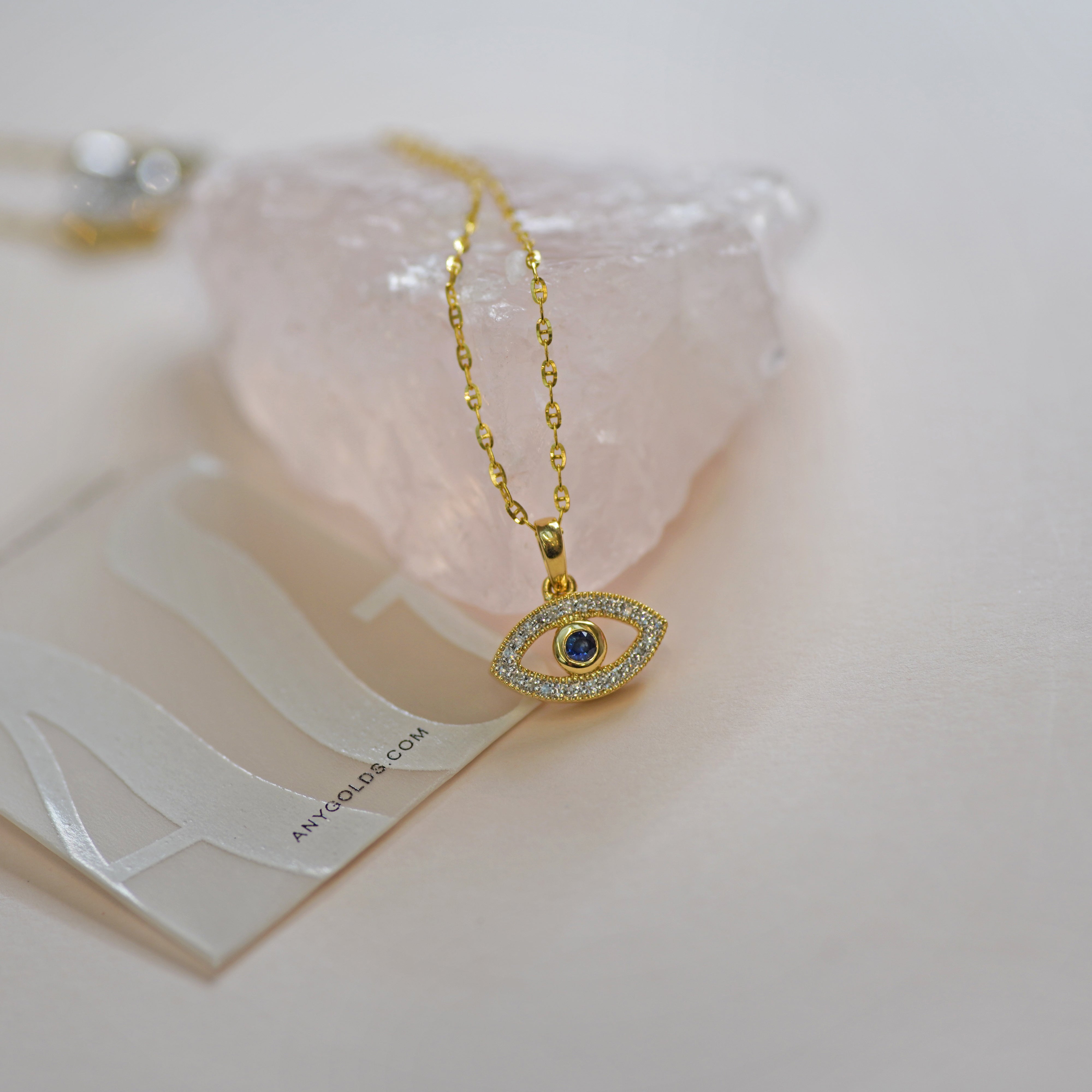 14K Solid Gold Diamond Evil Eye Pendant - Anygolds