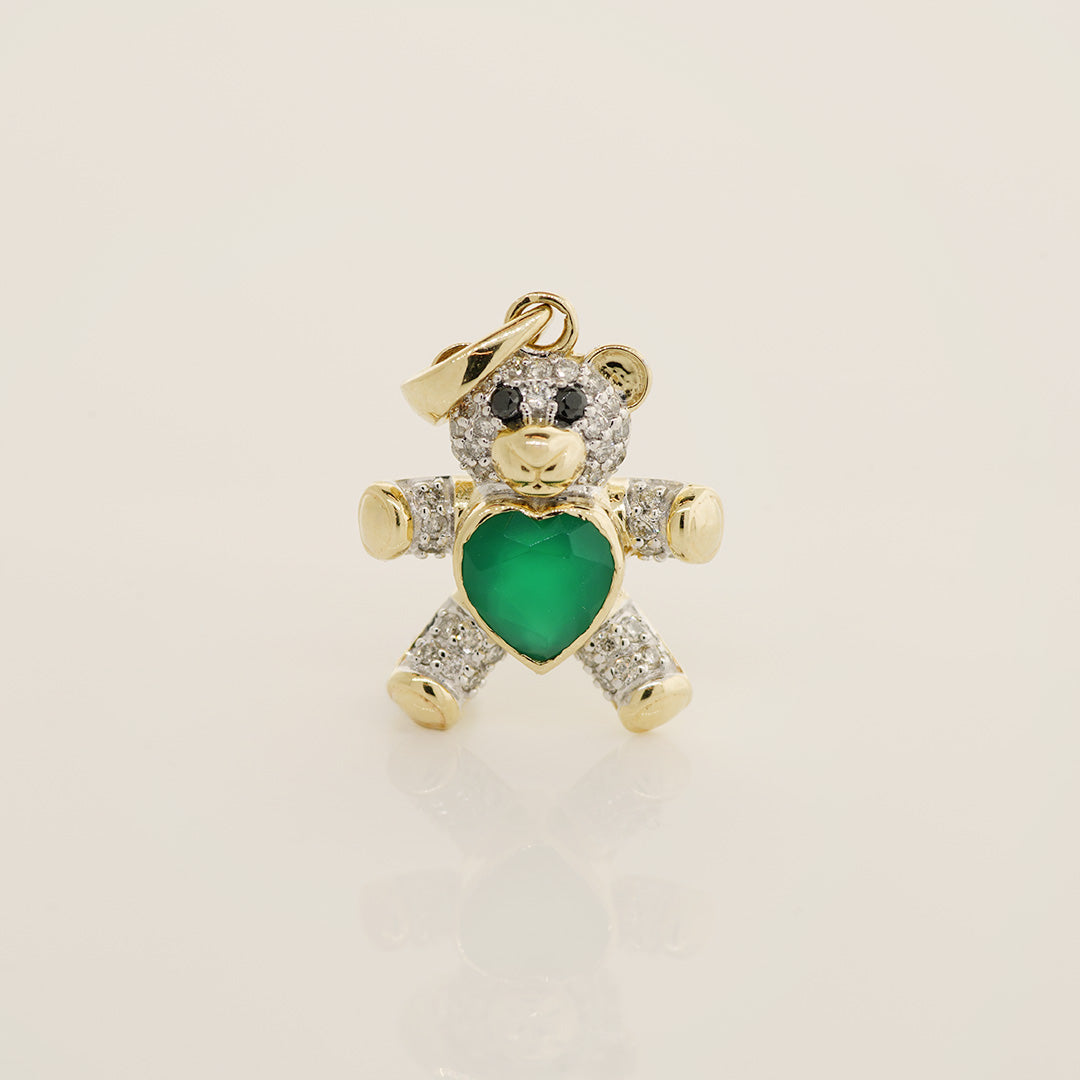 14K Solid Gold Diamond & Color Stone Heart Teddy Bear Pendant Emerald - Anygolds
