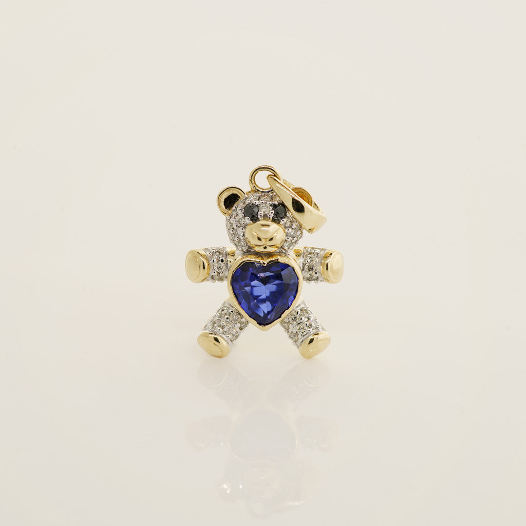 14K Solid Gold Diamond & Color Stone Heart Teddy Bear Pendant Sapphire - Anygolds