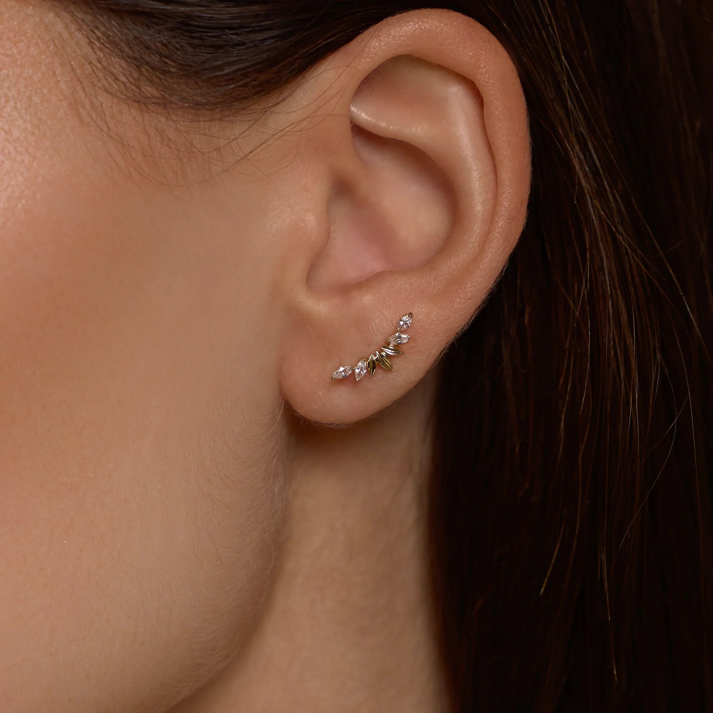 14K Solid Gold Marquise Curved Leaf Stud – Anygolds