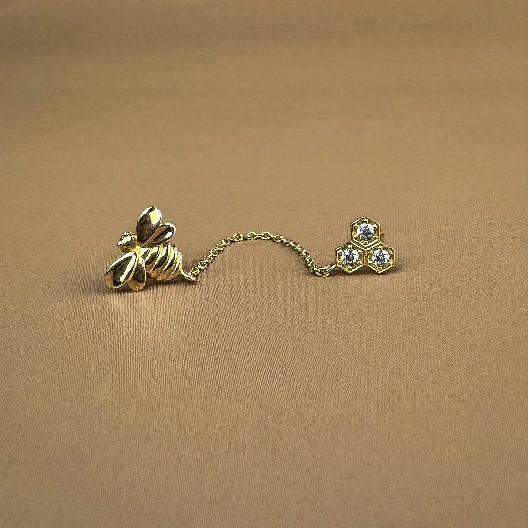 Bee & Honeycomb Double Chain Stud Earring - Anygolds