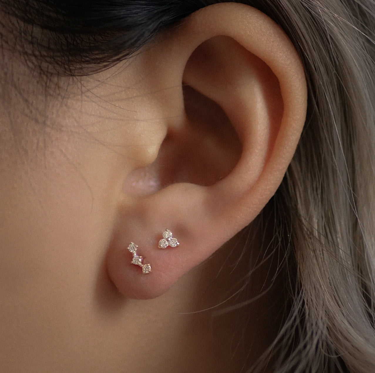 14K Solid Gold Diamond Mini Triple Stud – Anygolds