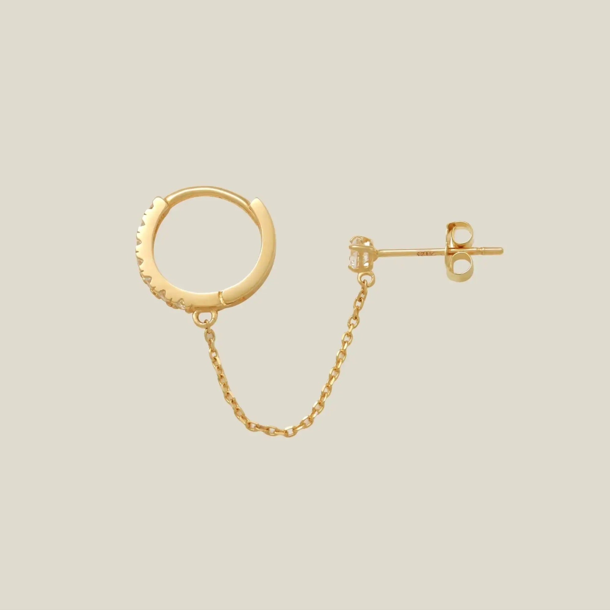 14K Solid Gold CZ Hoop with Chain Double Stud Earring – Anygolds