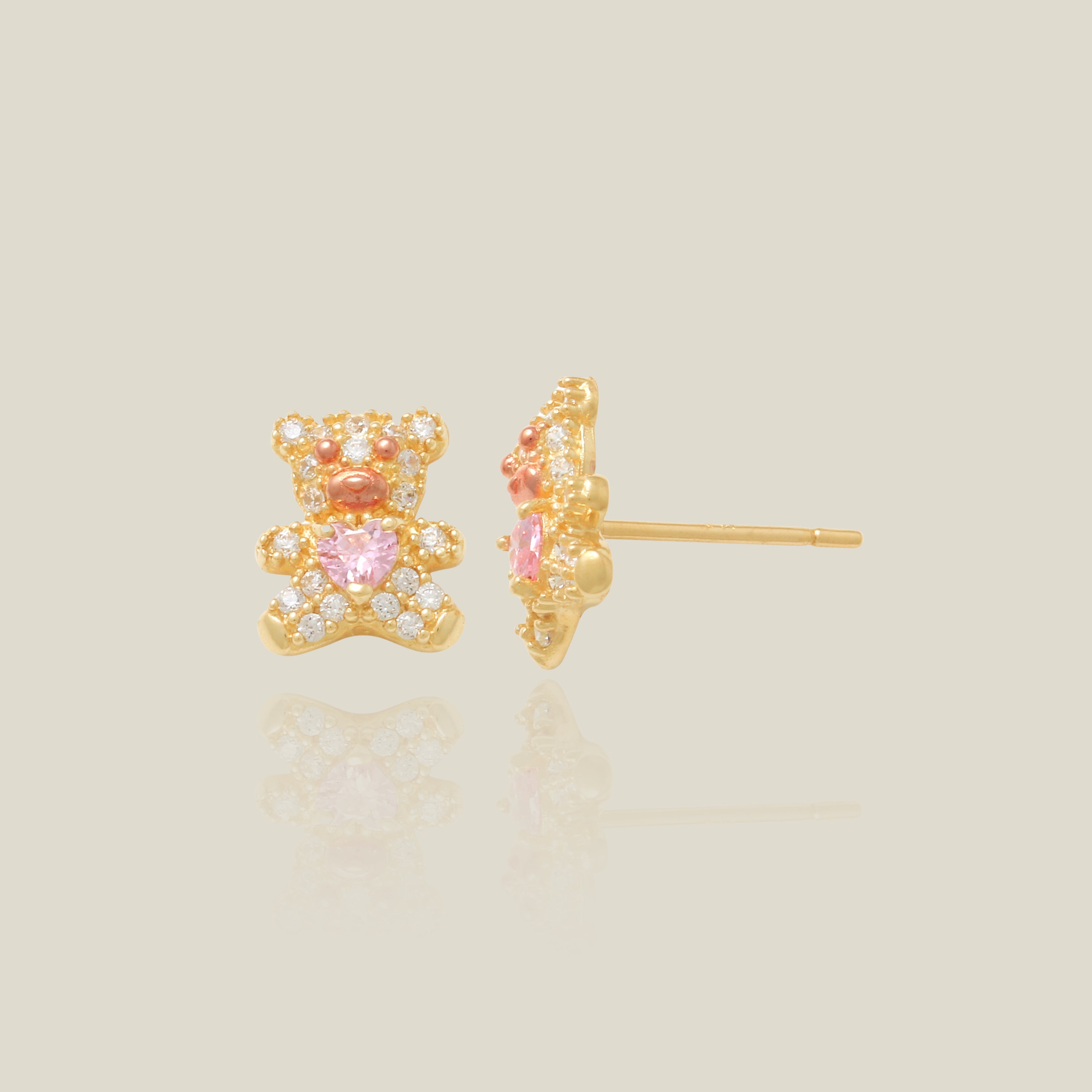 Teddy Bear with Heart Stone Stud Earrings - Anygolds