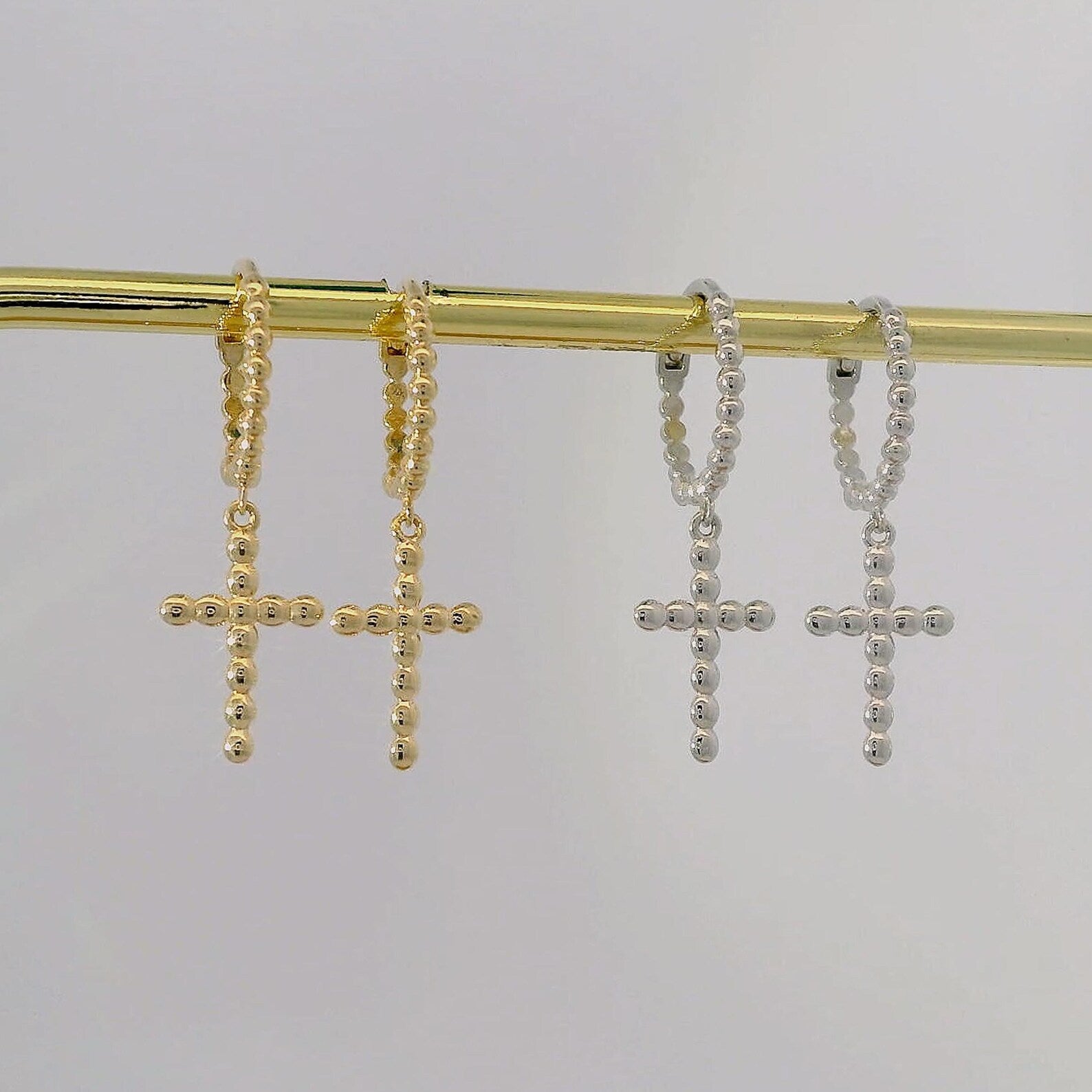 Beaded Cross Drop Huggie Earrings - Anygolds