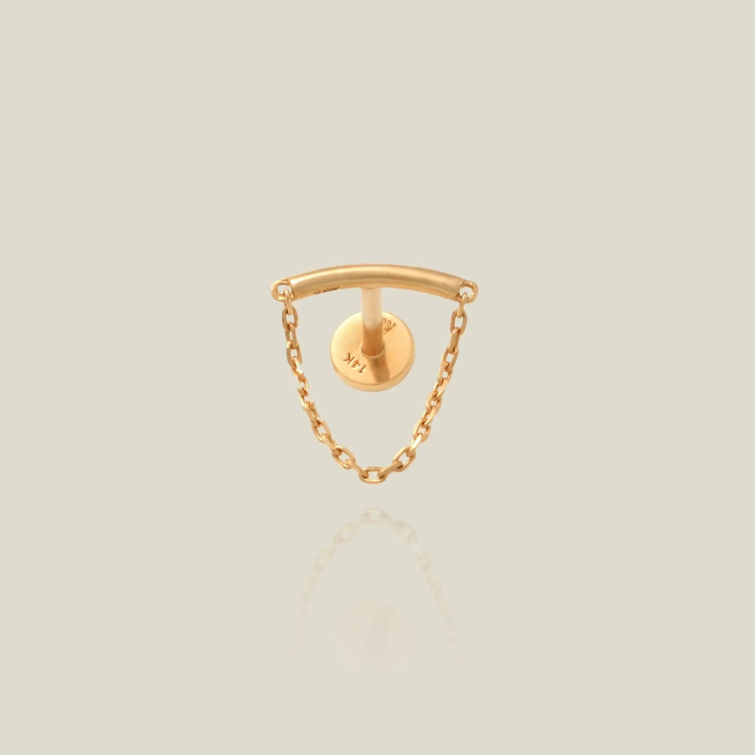 14K Solid Gold Curved Bar & Chain Stud – Anygolds