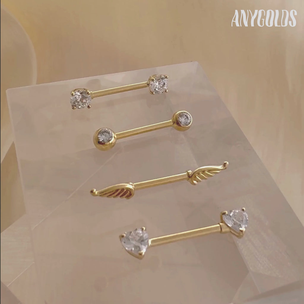 14K Solid Gold Cubic Zirconia Double Hearts Industrial Nipple Piercing - Anygolds 