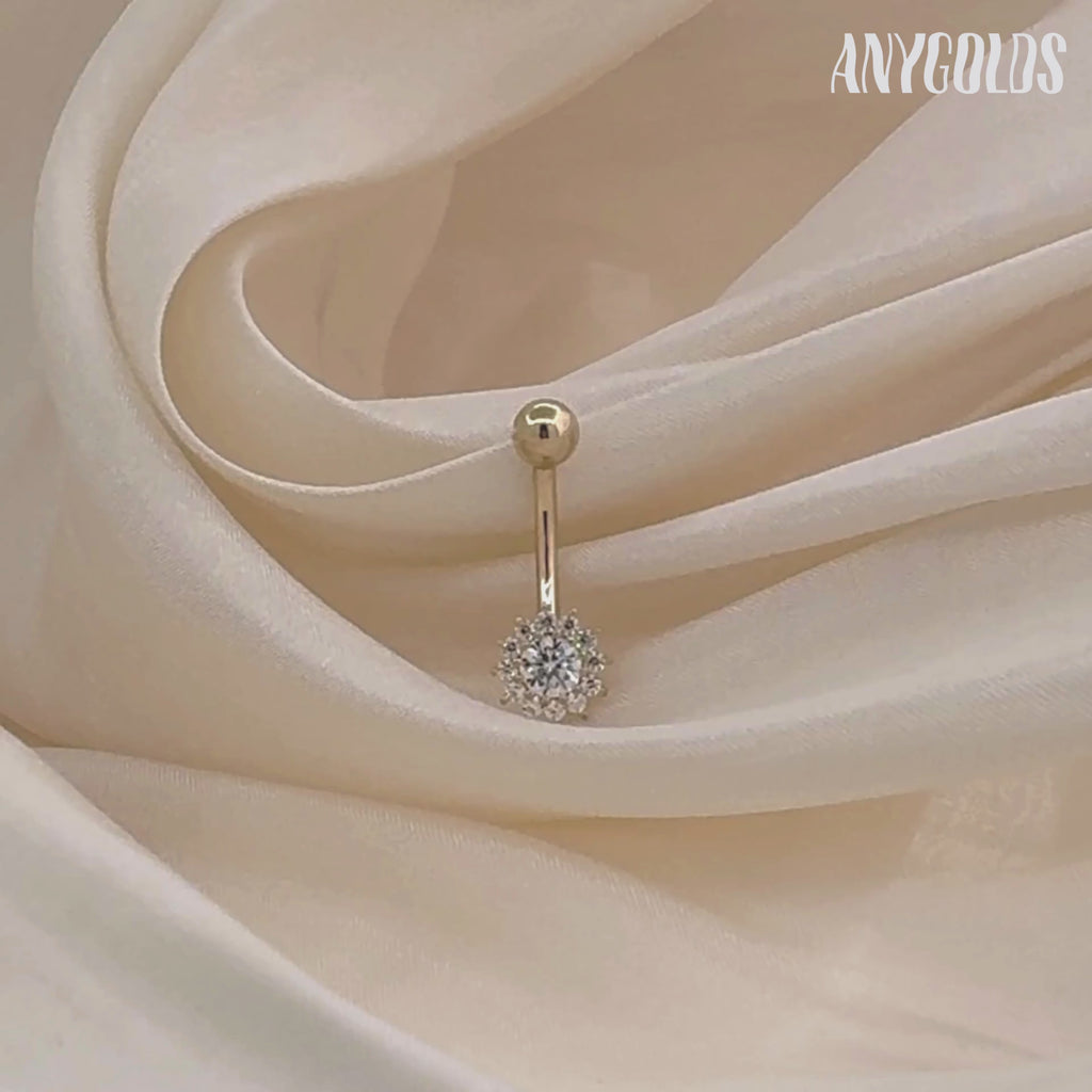 14K Solid Gold Cubic Zirconia Sunflower Belly Navel Piercing - Anygolds