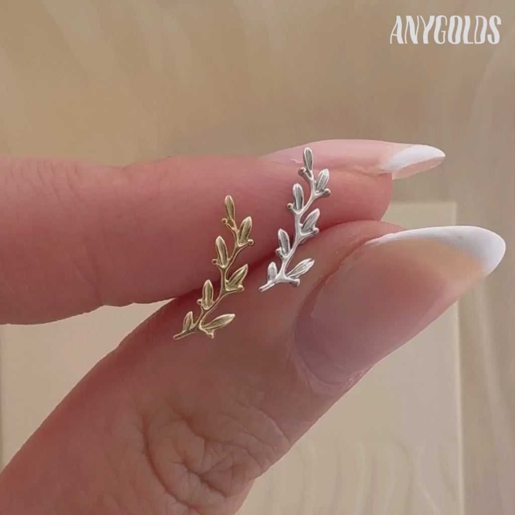 14k Solid Gold Curved Leaf Shaped Stud Piercing Earring - Anygolds