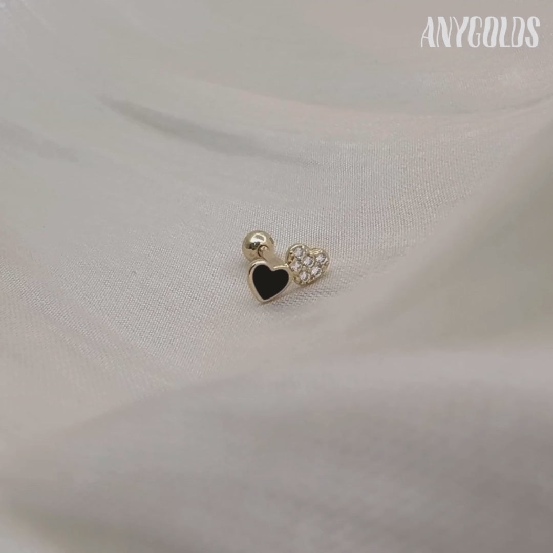 14k Gold Black & White Cubic Zirconia Double Heart Stud Piercing Earring