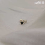 14k Gold Black & White Cubic Zirconia Double Heart Stud Piercing Earring