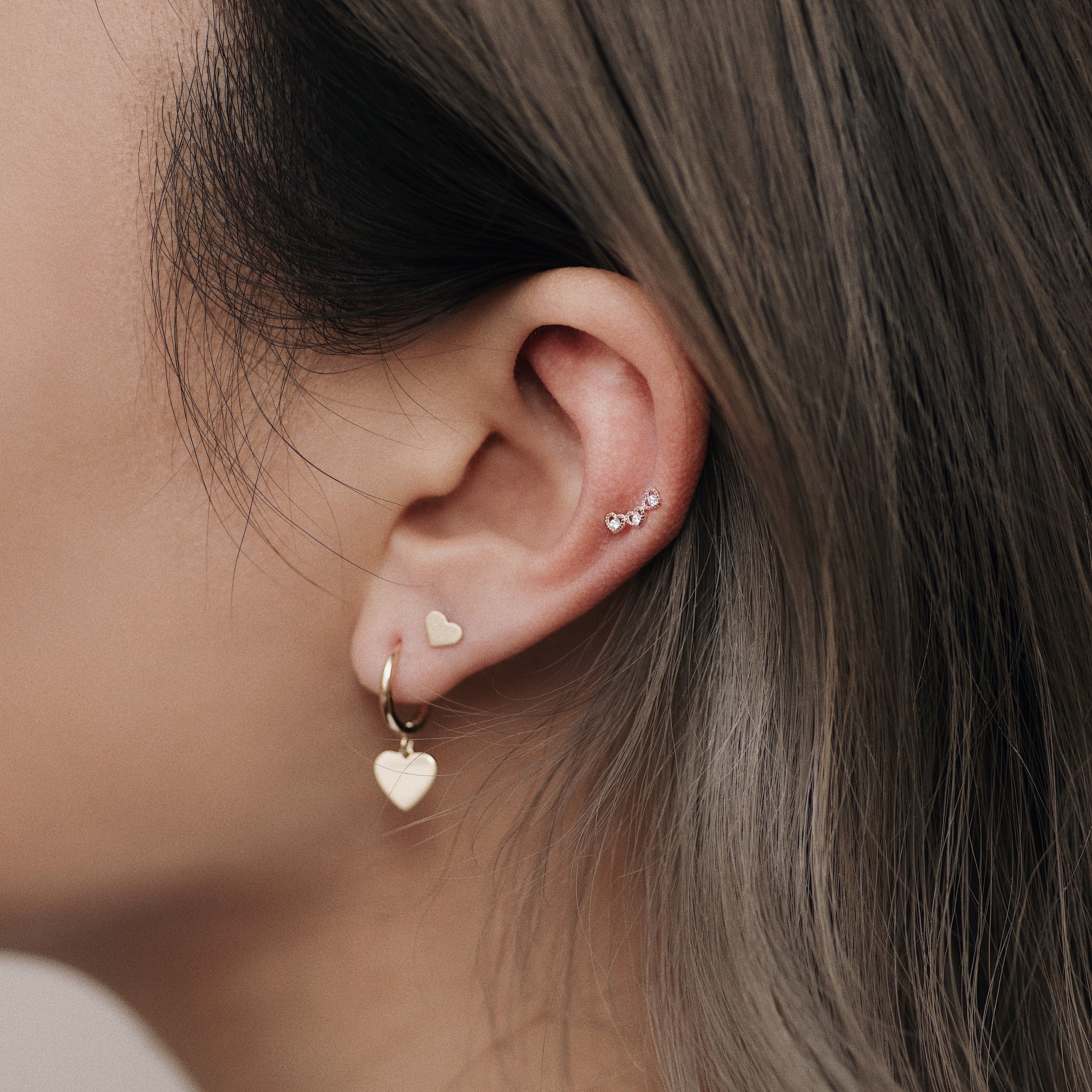 14K Solid Gold CZ Triple Heart Ear Piercing