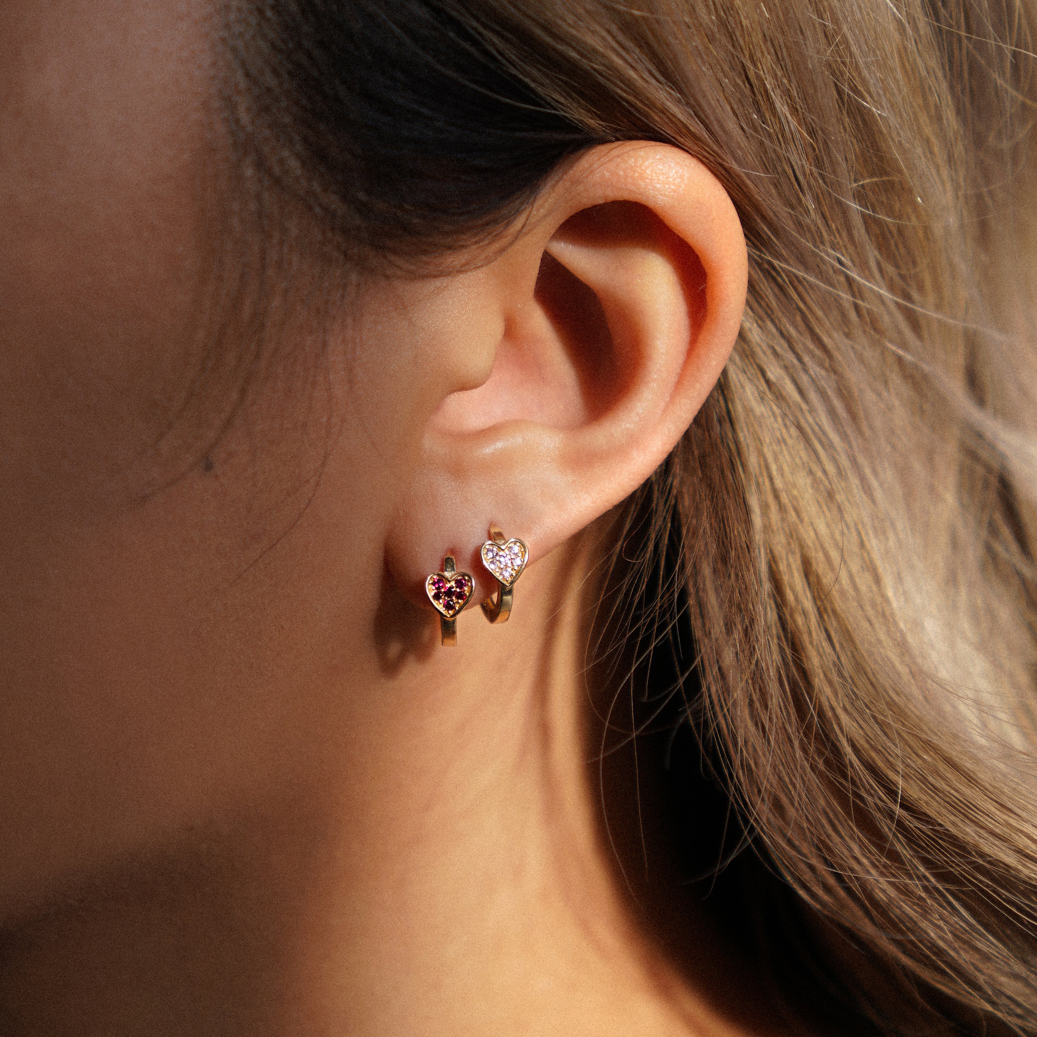 14K Solid Gold Birthstone CZ Heart Huggie Hoop Earrings