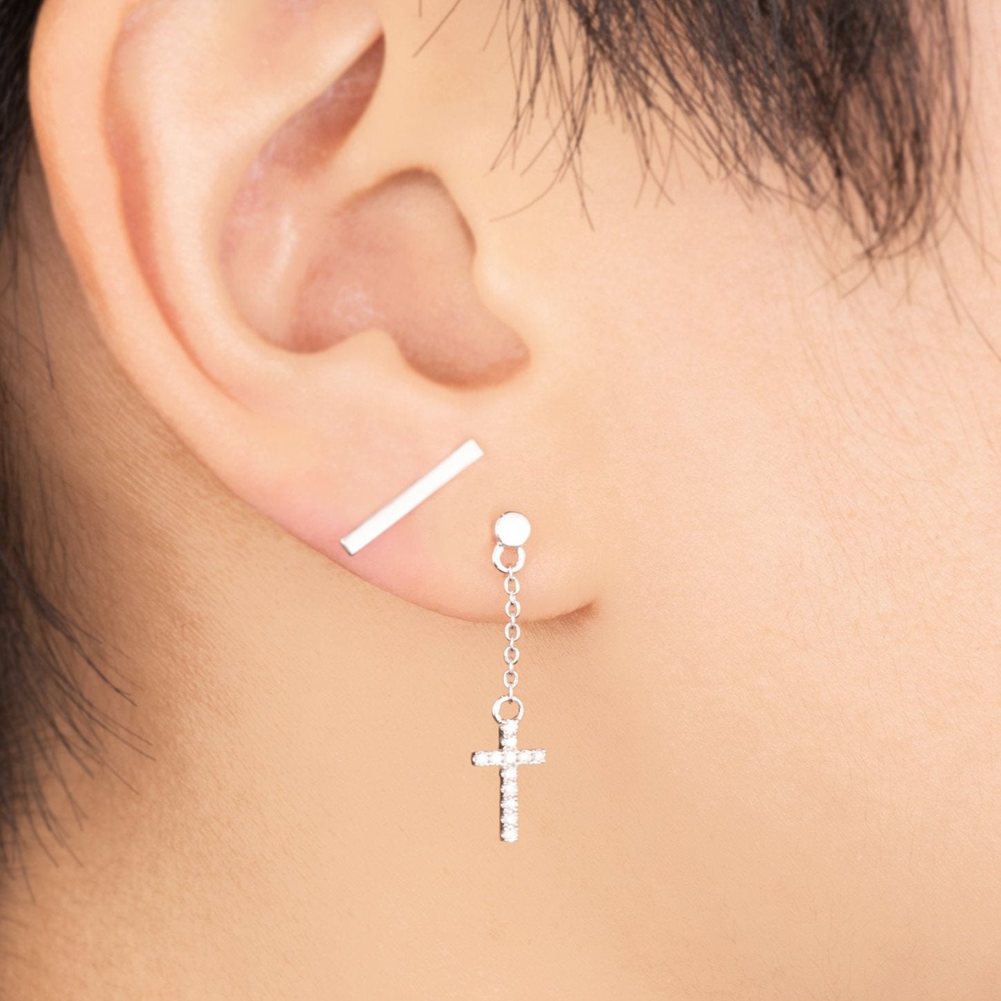 Petite Diamond Cross Chain Drop Earrings - Anygolds