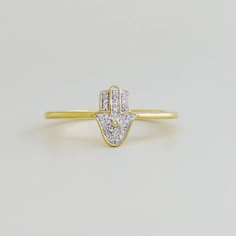 14K Solid Gold Diamond Hamsa Ring – Anygolds
