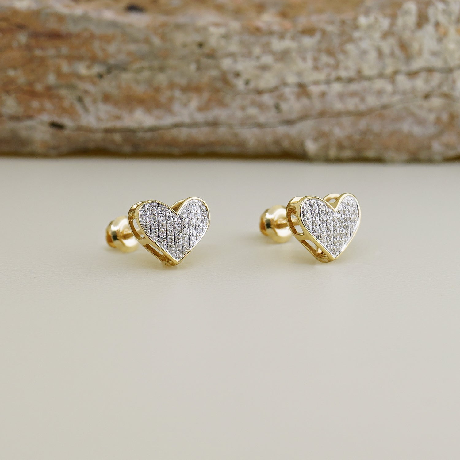 14K Solid Gold Small Diamond Heart Stud Earrings - Anygolds 