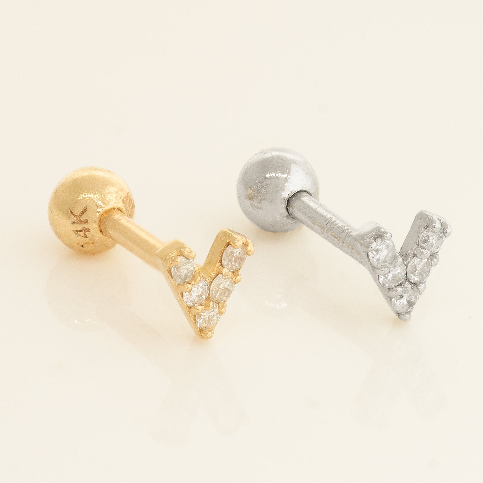 14K Solid Gold Diamond V Shape Stud Piercing Earring - Anygolds 