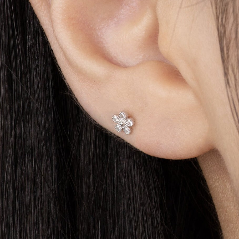 14K Solid Gold Mini Flower CZ Tragus Ear Stud Piercing Earring - Anygolds 