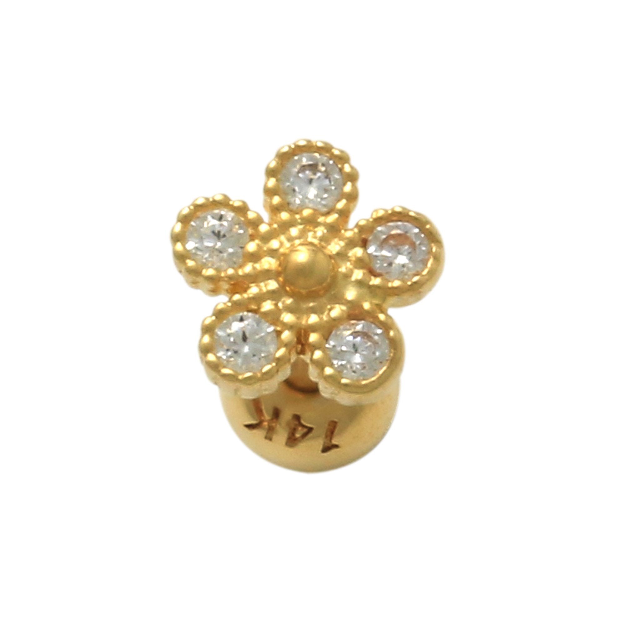 14K Solid Gold Mini Flower CZ Tragus Ear Stud Piercing Earring - Anygolds 