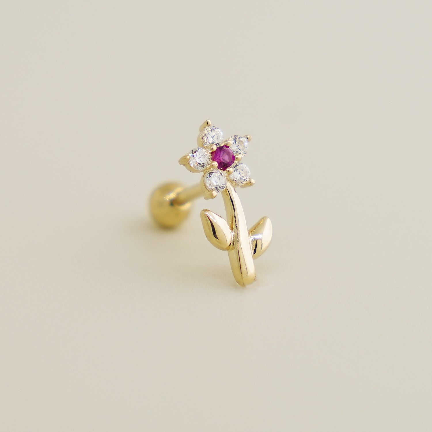 14K Solid Gold Flower Birthstone CZ Ear Piercing - anygolds
