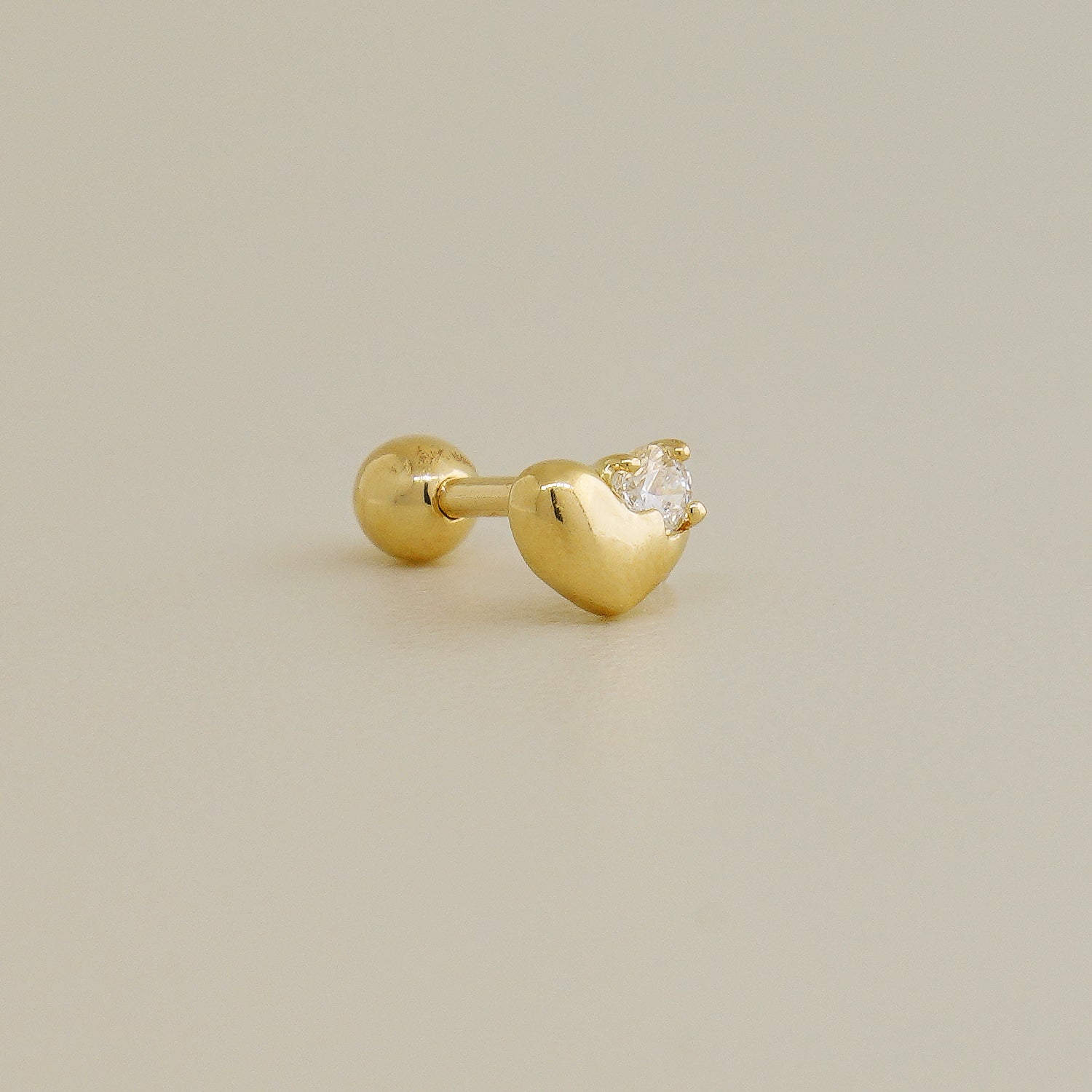 14K Solid Gold Single CZ Heart Ear Piercing 18gauge