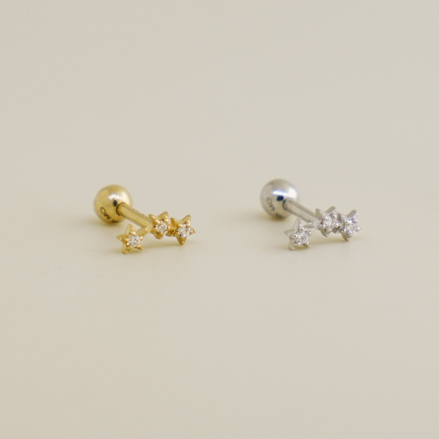 14K Solid Gold Three Star CZ Ear Piercing - anygolds