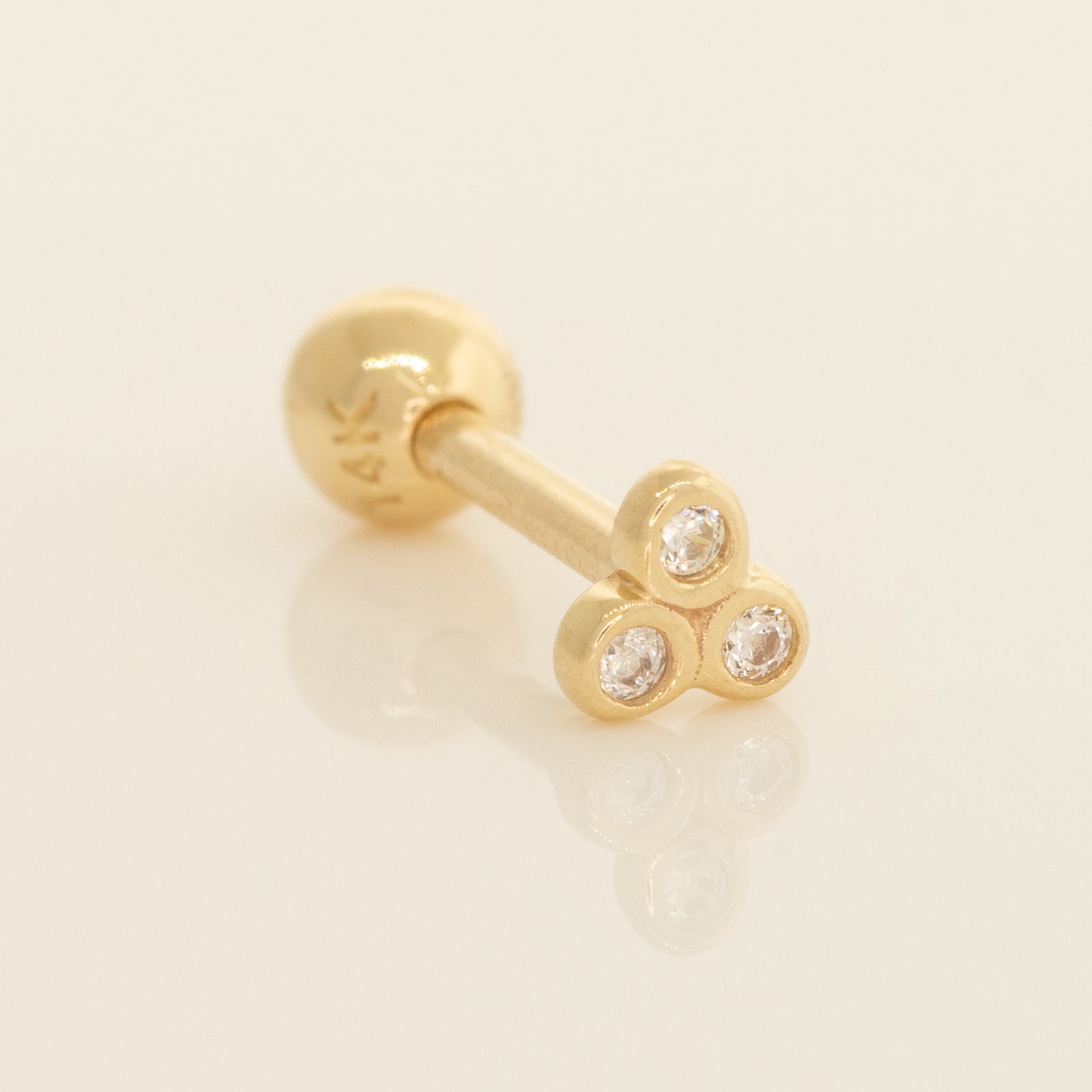 14K Solid Gold  Tri Round Cubic Zirconia Stud Piercing Earring- Anygolds