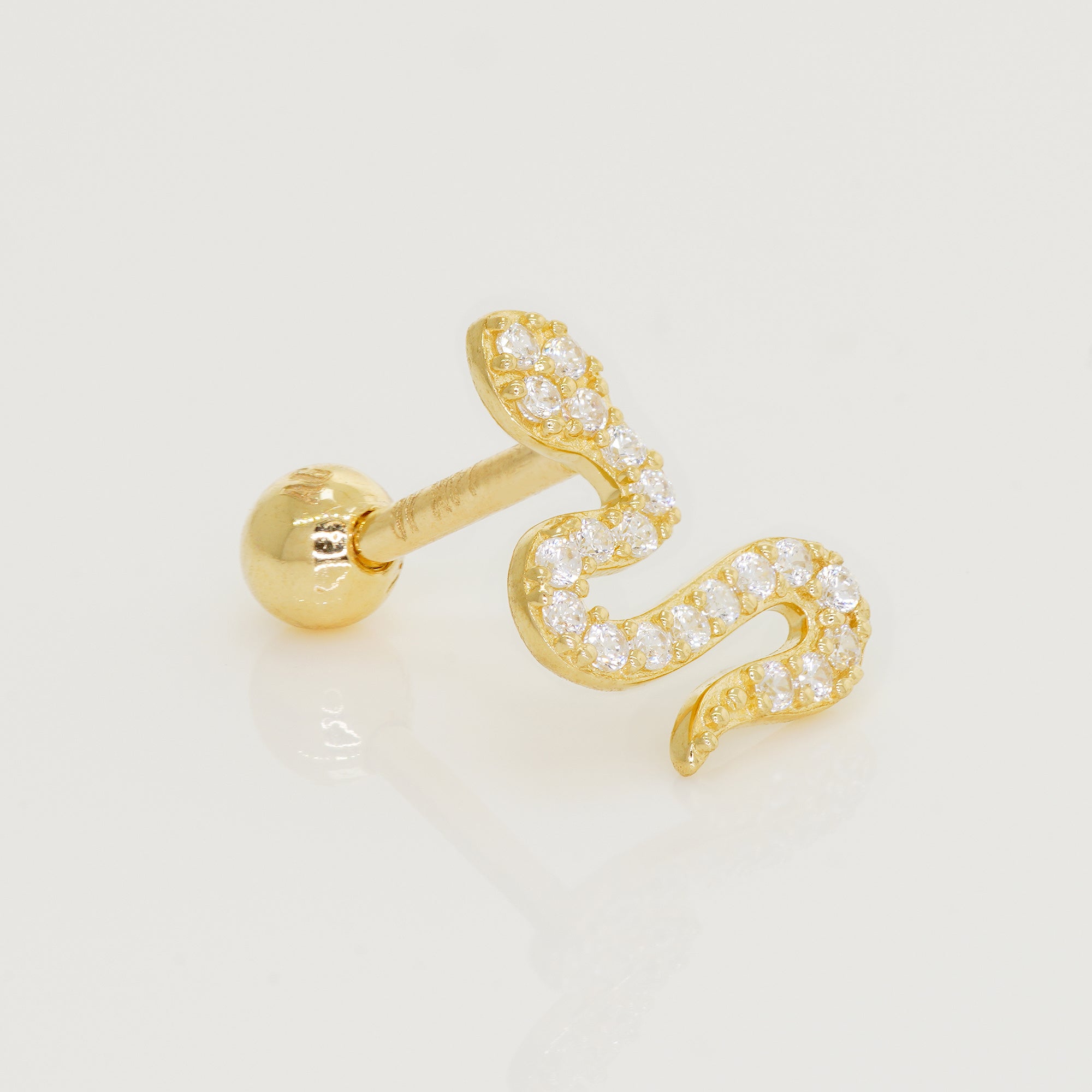 14K Solid Gold Eternity Cubic Zirconia Snake Stud Piercing Earring 