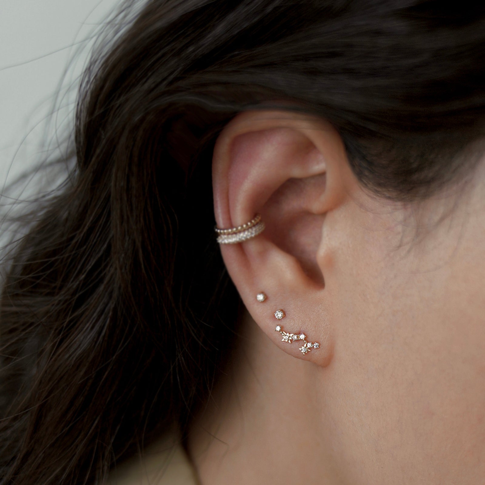 14K Solid Gold Diamond Climber Star Constellation Stud Piercing Earring
