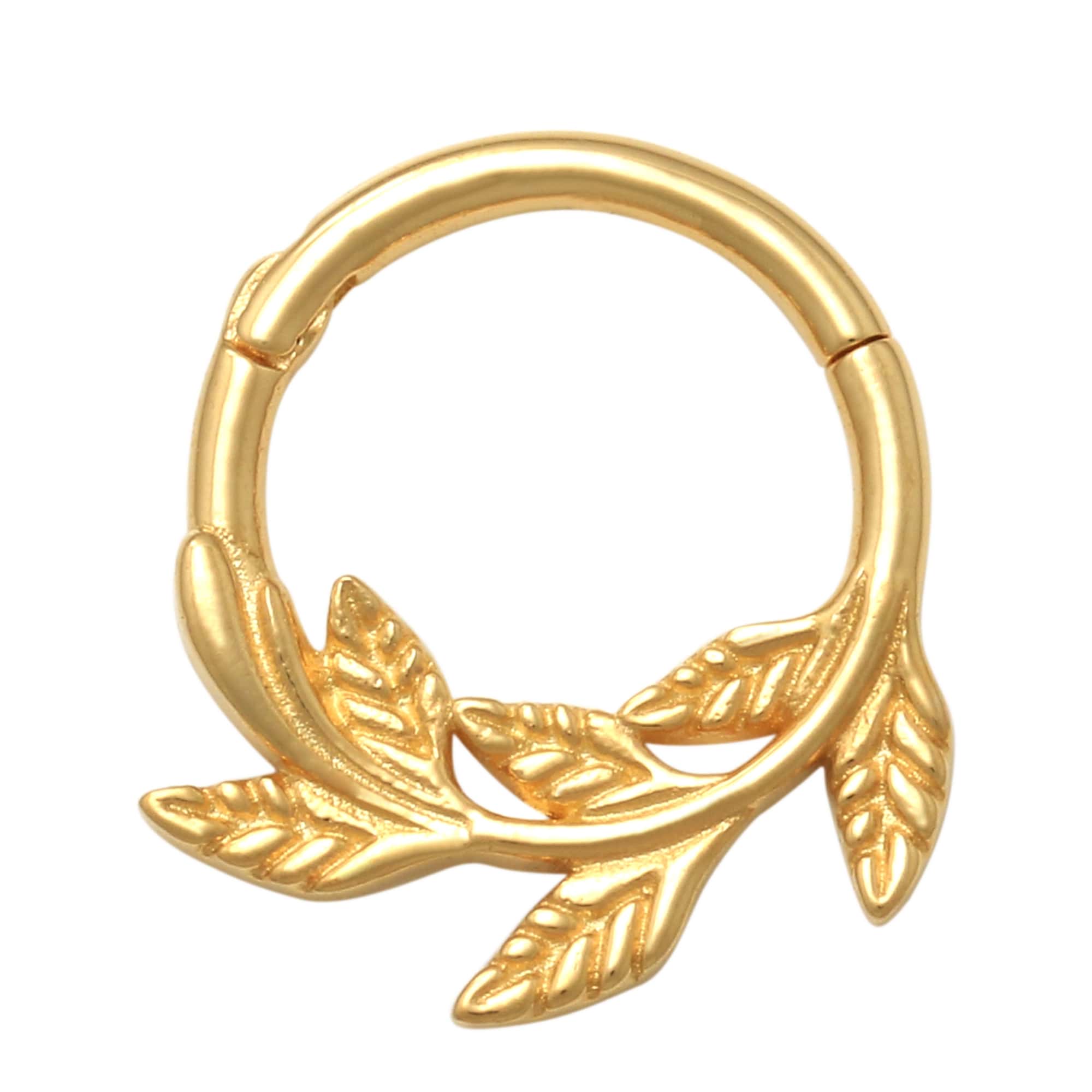 14K Solid Gold Laurel Leaves Nose Hoop Septum Piercing Earring - Anygolds 