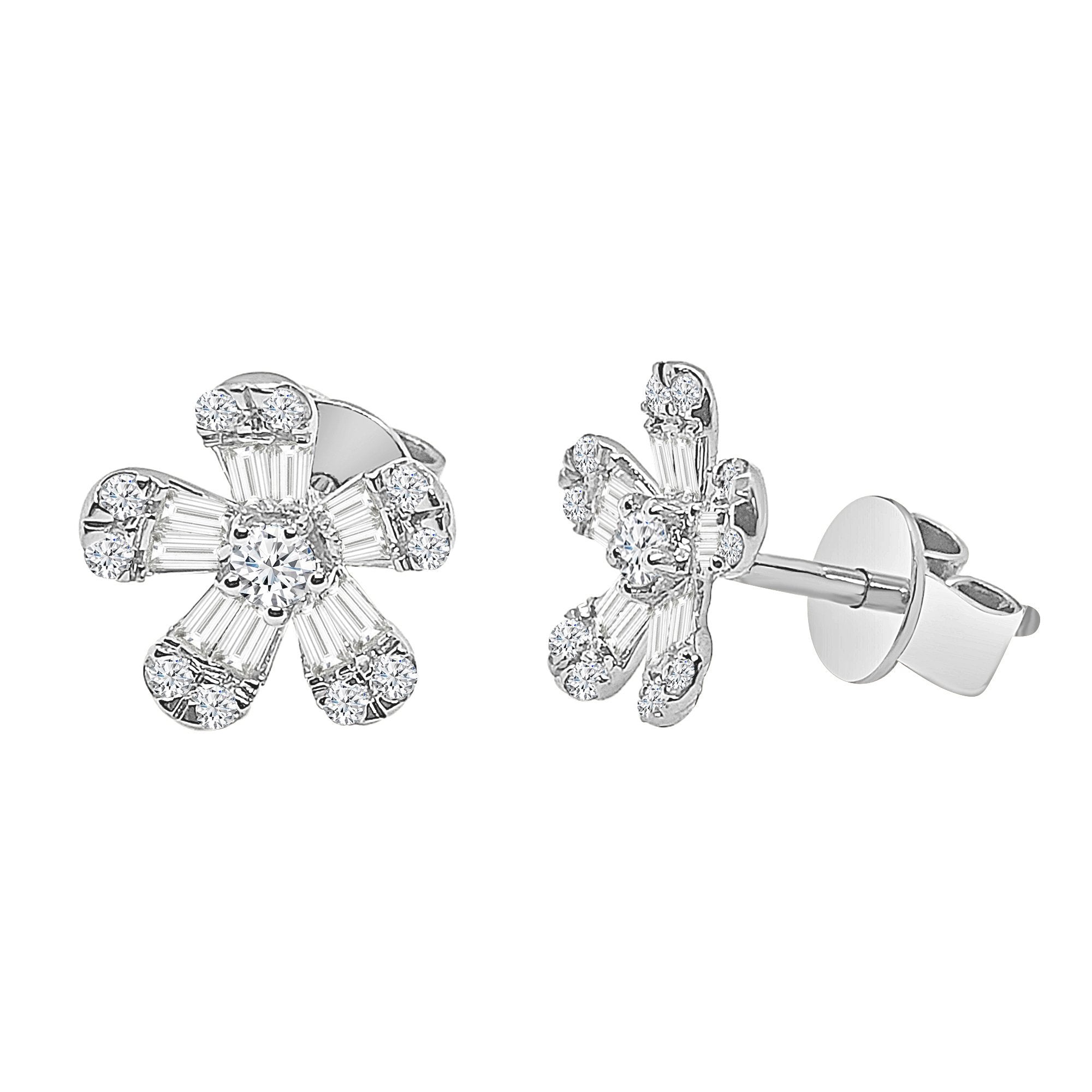 Baguette & Round Brilliant Diamond Flower Stud Earrings - Anygolds