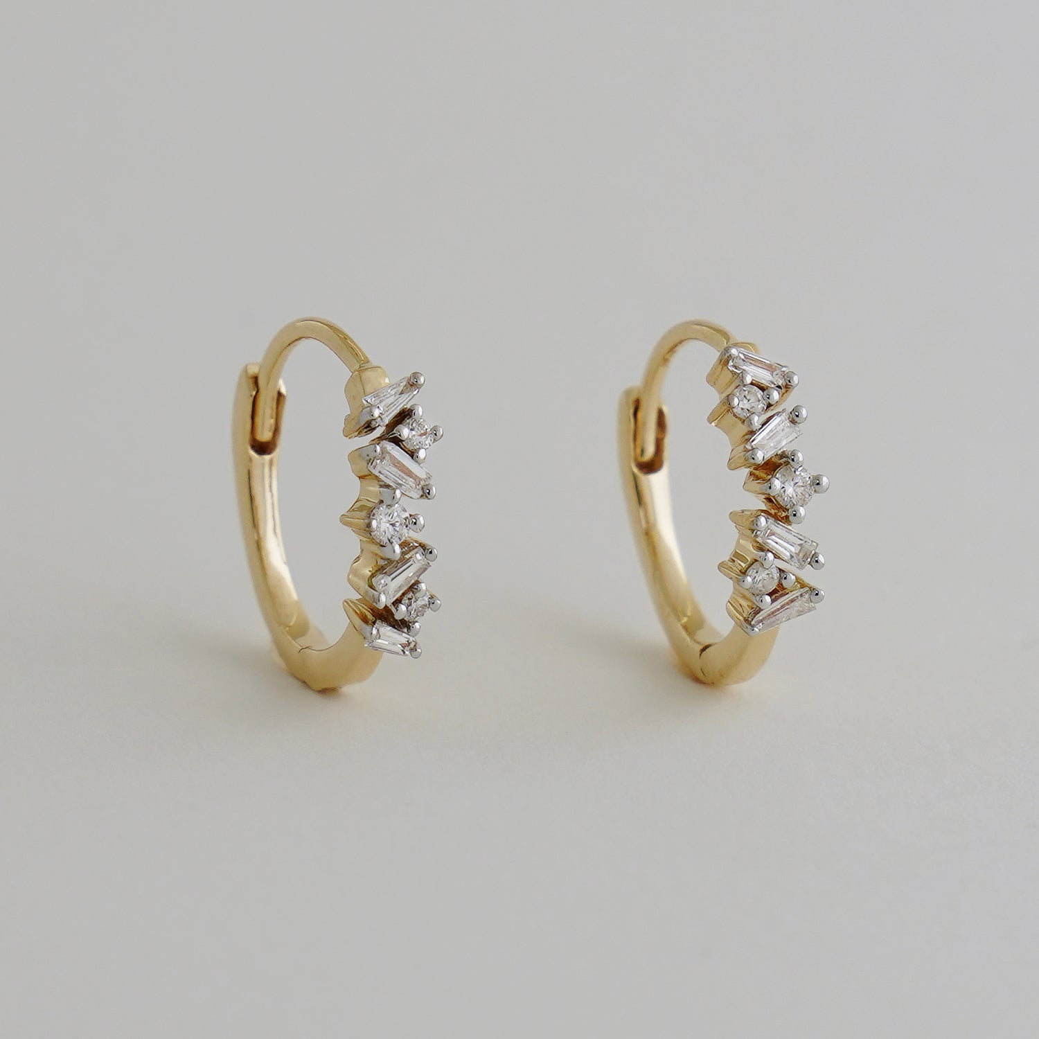 14K Solid Gold 0.15ctw Baguette & Round Brilliant Diamond Hoop Earrings