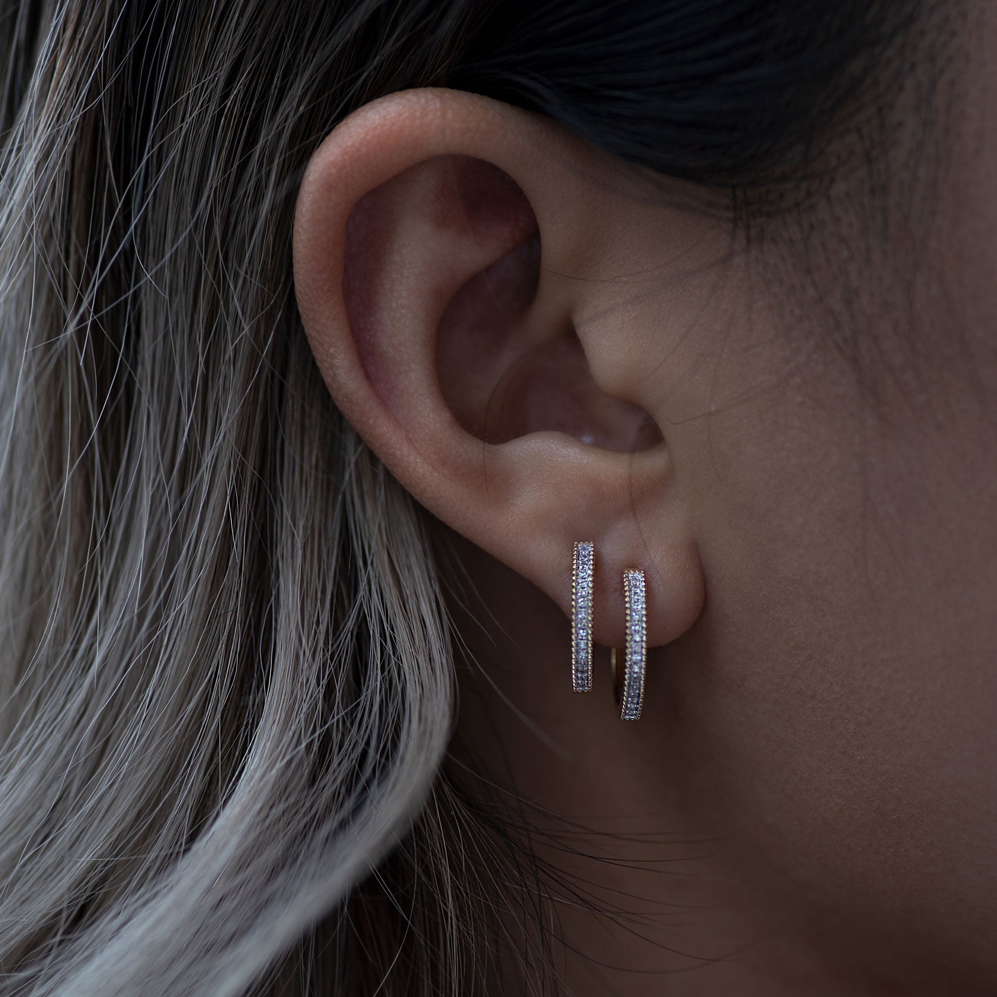 14K Solid Gold Diamond Medium Hoop Earrings - Anygolds