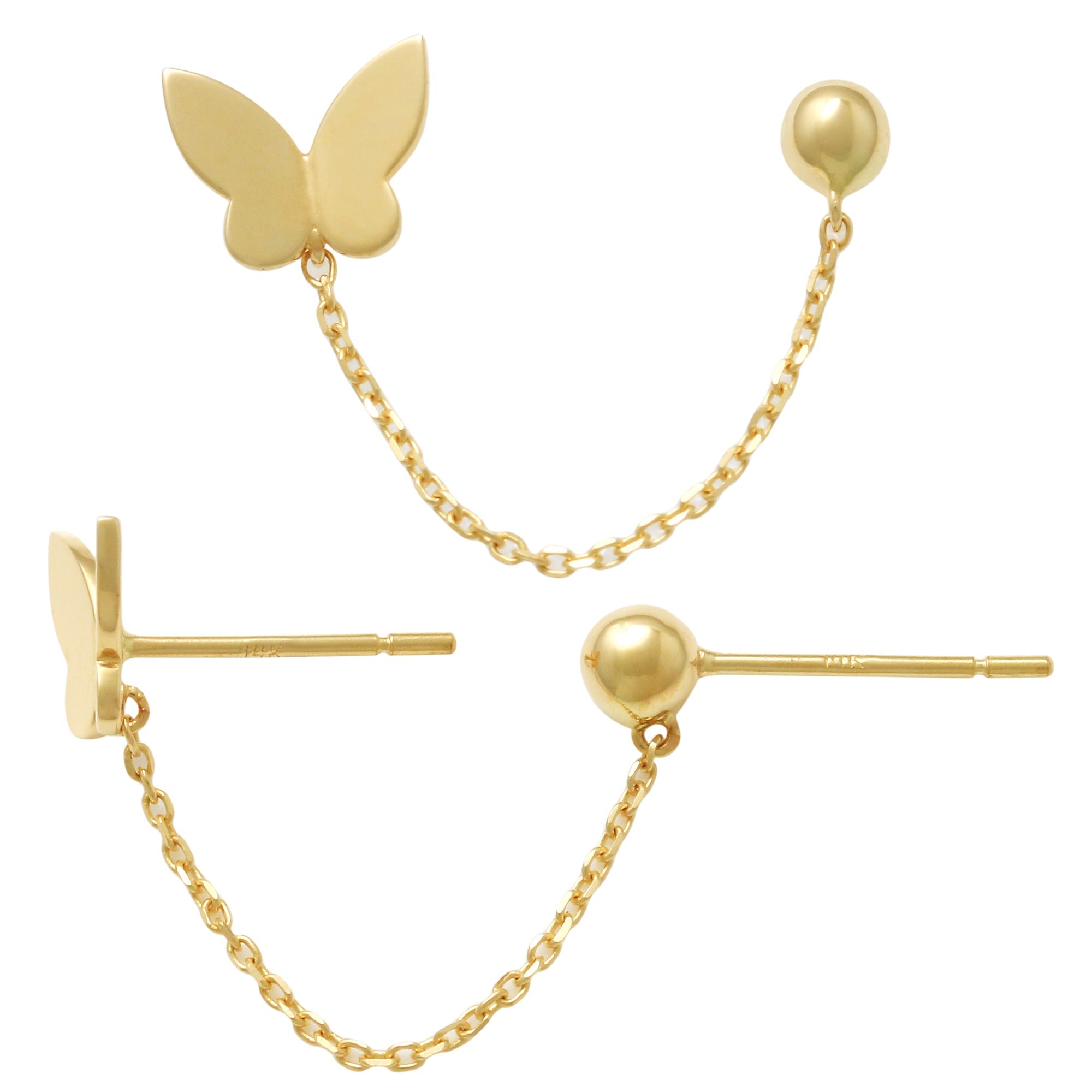 Butterfly & Ball Chain Connection Line Stud Earring